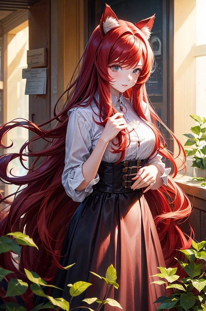 1 woman, long red hair, wearing cat ears, masterpiece, best quality.