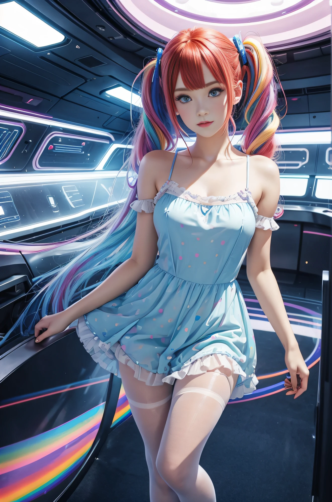 Cute redhead with rainbow colored hair tips, ribbons in her hair, 18-year-old woman, happy, in twin tails, perfect symmetrical eyes, clear sparkling blue eyes, pale skin, silky smooth skin, standing on a fancy space ship, futuristic lush arboretum, dark warm lighting, wearing a futuristic party dress, pleated (chemise) mini dress (pastel rainbow colors, and polka dots), wearing full body pantyhose, cute short cut booties.