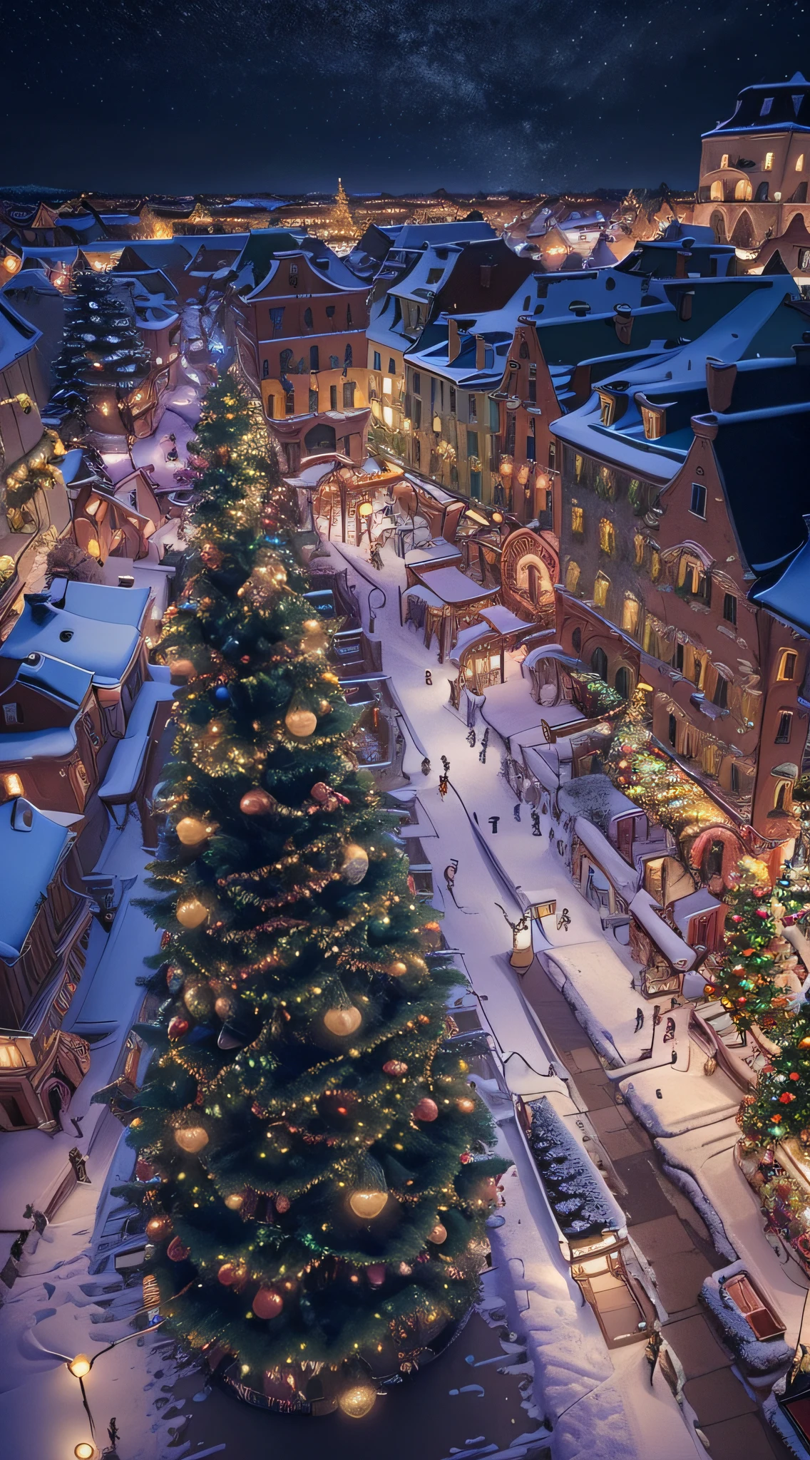 High-altitude aerial photography，Look down from above，Christmas town night view，Falling snow，(european town square:1.3), There is a huge Christmas tree in the middle，There are many lights on the tree，Dreamy light and shadow,gorgeous color, natta，sky sky，The magical atmosphere of the Northern Lights,cute building,slice,the street,streetview,with beautiful colors,plethora of colors,high saturated,The contrast between cold and warm is strong,flashy colors:1.3),(dream:1.1),over distances, (There are many people walking on the street:1.2),(people are happy.:1.1),(There are children running.:1.2),