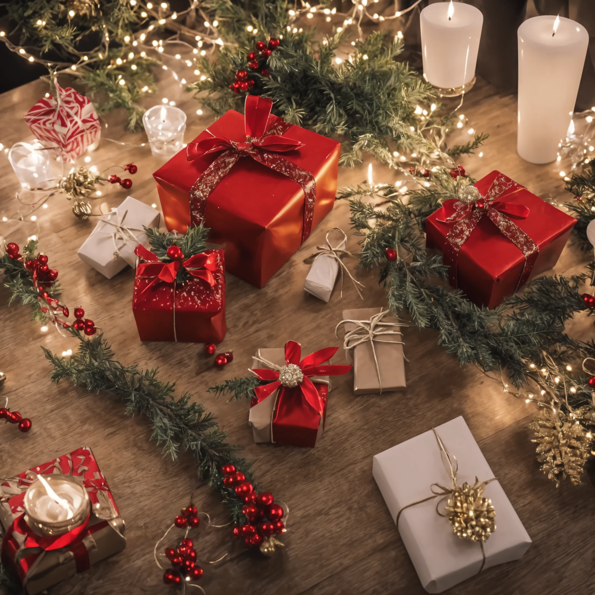 (best quality,4k,8k,highres,masterpiece:1.2),ultra-detailed,realistic,gifts,table,Christmas tree,decorations,wrapping ,bows,ribbon,presents,holiday spirit,vibrant colors,warm lighting,cozy atmosphere,toys,cards,candles,snowflakes,joyful,celebration,exquisite details,exciting surprises,shiny ornaments,sparkling tinsel,beautifully wrapped,excited children,anticipation,festive mood,magical ambiance,delightful moment,wonderful memories,family gathering,cheerful faces,Christmas magic,extravagant,abundance of presents,HDR,UHD,studio lighting,ultra-fine painting,sharp focus,physically-based rendering,professional,vivid colors,bokeh