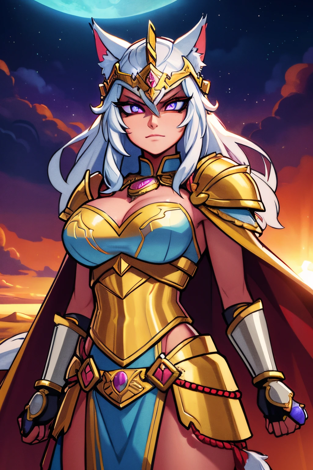 (best quality,4k,8k,highres,masterpiece:1.2),ultra-detailed,(realistic,photorealistic,photo-realistic:1.37),sexy cat themed warrior goddess,white,gold,pink armor,big sword,beautiful detailed blue eyes,epic warrior pose,long white hair,fierce and confident expression,fantasy landscape background,moonlight,Latin-inspired architectural details,ancient ruins elements,vivid colors,sharp focus,beautiful sunset colors,dramatic lighting,perfect anatomy,strong and muscular build,ornate armor details,flowing cape,cat ears and tail,warrior goddess emblem on the armor,battle scars,leather gloves,highly detailed patterns and engravings on the sword,magical aura surrounding the warrior,sparkling armor,elaborate helmet with cat motifs,glowing eyes on the helmet,ethereal and mystical atmosphere,clouds swirling around the goddess,courageous and powerful presence,an enchanting and mesmerizing gaze