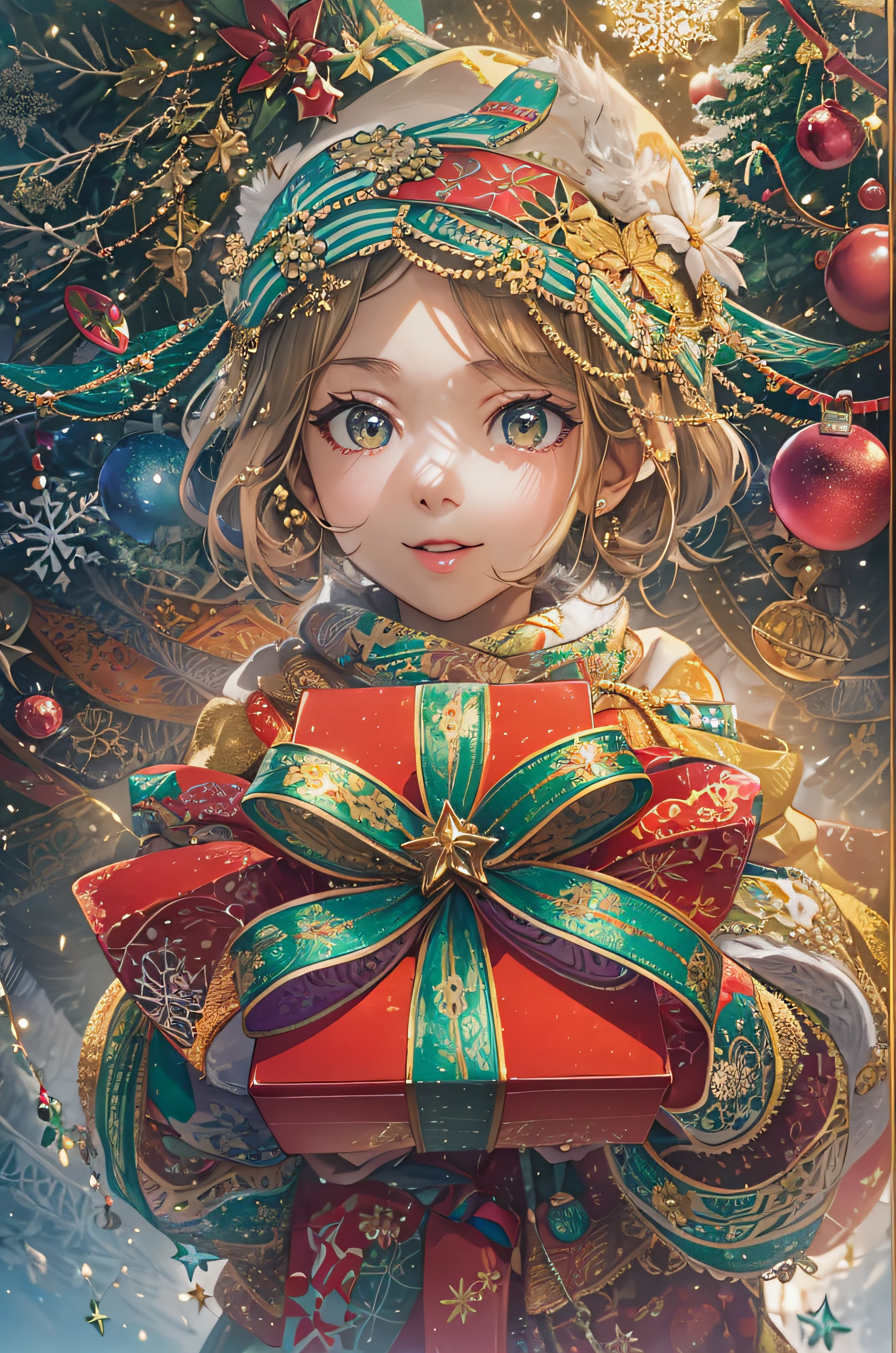 (masutepiece, of the highest quality, Best Quality, Official art, Beautiful and aesthetic:1.2), (1girl in), ighly detailed,(Fractal Art:1.3),Colorful,highest details,A work depicting a child looking forward to presents from Santa Claus.. A wrapped gift box is near the child's face, Blurred Christmas tree background, Create a festive atmosphere、(frac art:1.4)