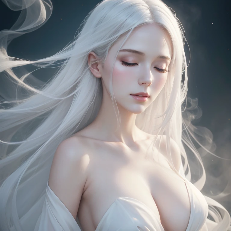 (best quality, HD:1.2), ultra-detailed, (realistic:1.37), beautiful girl with angelic face, elegant white long dress, long floating white hair, pale skin, closed eyes, pale lips, big breasts, smoke mist background, soft lighting, NSFW, portrait