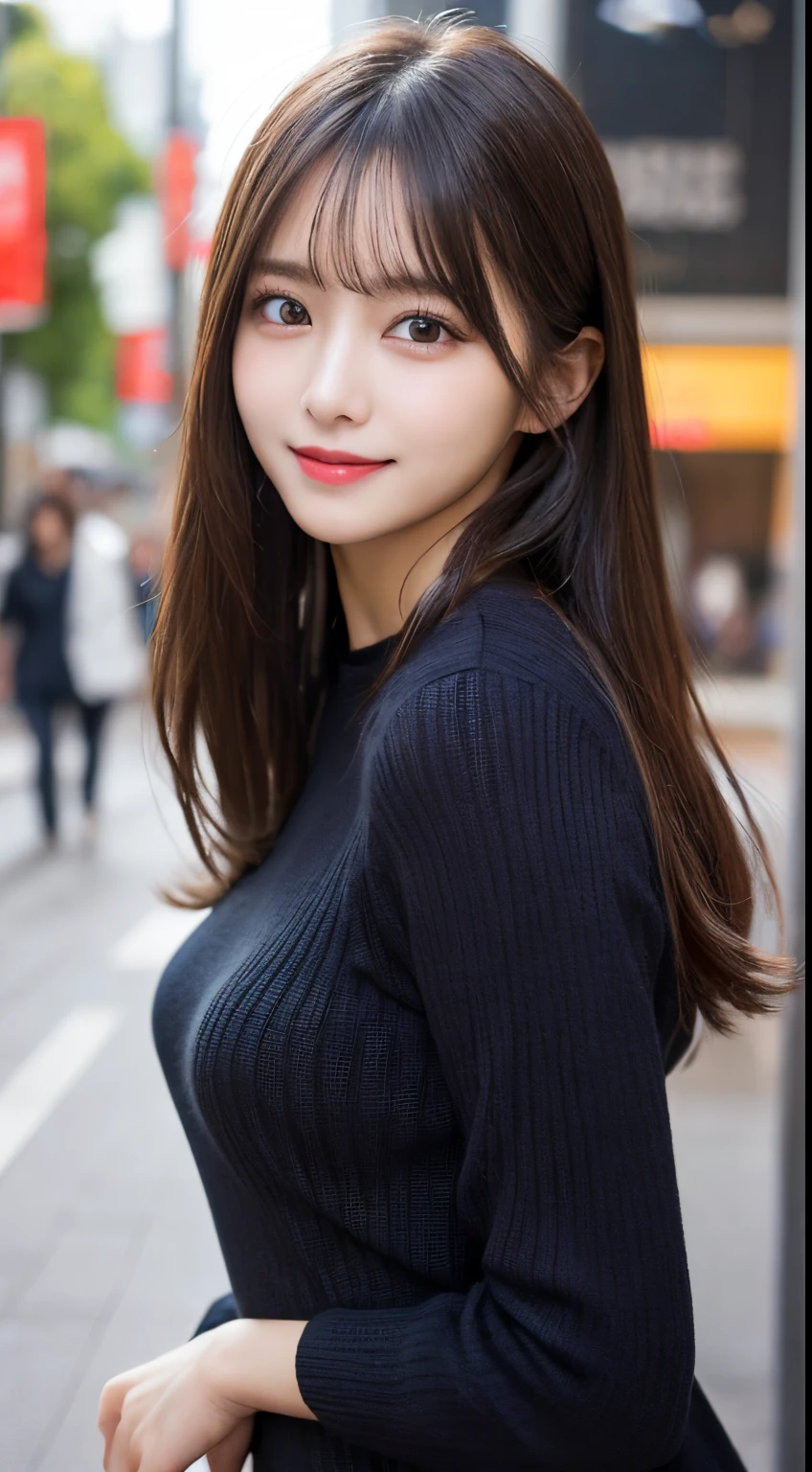 masutepiece, Best Quality, Illustration, Ultra-detailed, finely detail, hight resolution, 8K Wallpaper, Perfect dynamic composition, Beautiful detailed eyes, black long sleeve knit dress,Straight hair,Small breasts natural color lip, Randomly sexy poses,Smile,Harajuku、20 years girl、Cute、Sexy shot looking at camera,Perfect and beautiful face、Blur the background,beautifull detailed face,slim face and body