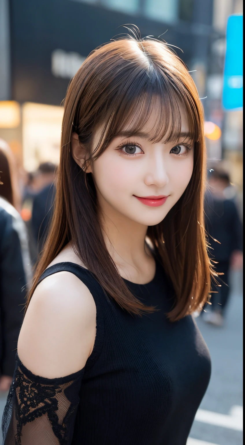 masutepiece, Best Quality, Illustration, Ultra-detailed, finely detail, hight resolution, 8K Wallpaper, Perfect dynamic composition, Beautiful detailed eyes, black long sleeve knit dress,Straight hair,Small breasts natural color lip, Randomly sexy poses,Smile,Harajuku、20 years girl、Cute、Sexy shot looking at camera,Perfect and beautiful face、Blur the background,beautifull detailed face,Slim face and body