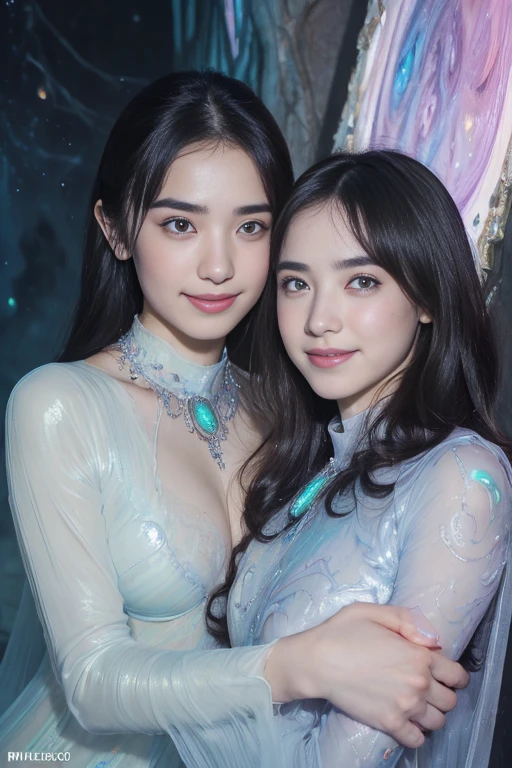 (Two beautiful teenage italian girls:1.6), Close friends, (They are hugging each other:1.2), Kiss her cheek or chest,(Detailed iridescent bodysuit with beautiful fractal or marble design:1.5)Incredible and spectacular scenes, ((High quality)), ((Detailed)), ((Fantasy)), Blue Plasma Brain, Green Plasma Body, Vulgarity, beutiful breast,  obscenity, (Lewd smile:1.2), coarse, Obscene, mean, (raunchy:1.2), (Immoral:1.2), Lachish, (small breasts with beautiful raised pink areolas,,,:1.5), (Cameltoe), (Expression of ecstasy:1.2), Photorealistic, Official art, Unity 8K Wall , 8K Portrait, Best Quality, Very high resolution, (Incredibly beautiful nature background:1.6), (18 years old:1.5), (Sexy and glamorous:1.1), (A coquettish expression:1.6), (seductively smiling:1.6), (Full body), (erotic posing:1.5), Beautiful seductive face, Portrait, (Thick eyebrows:1.5), (Big purple eyes:1.2), Beautiful eyes with fine symmetry, (Ultra detailed eyes:1.4), (High resolution eyes:1.1), Intimate face, (ultra detailed skin texture:1.4), White skin, pale skin, Perfect Anatomy, Thin, (Beautiful toned body:1.1), Hair Bow, (Moist skin:1.1), full of sweat, No makeup, dark circles, Good anatomy, Focus Face, good-looking, (Emilia Clark:0.6) (Emma watson:0.3),(Jennifer Connelly:0.4), ( Face:1.5), Elegant face, Nice, Dolce,  (Around her neck is an elaborately crafted necklace.), (Bioluminescence with brilliant brilliance:1.3), (Luminous magic circle), Ruins of an ancient castle, Shining majestic cloud masses and sky, lightning bolt, Epic Realistic, (Greg Rutkowski:0.8), (teal and orange:0.4), (Art Station:1.5), Cinematic, (nffsw:1.5),  Hyper Detailed, Dramatic light, (Intricate details:1.1), with  the