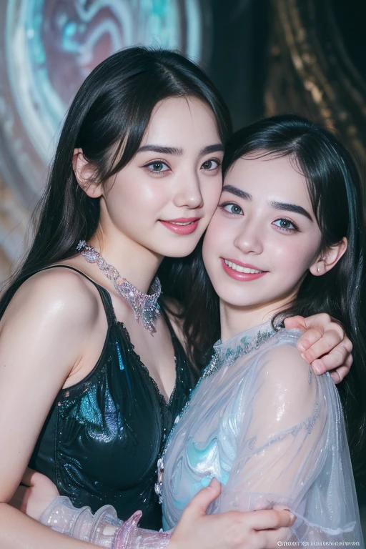 (Two beautiful teenage italian girls:1.6), Close friends, (They are hugging each other:1.2), Kiss her cheek or chest,(Detailed iridescent bodysuit with beautiful fractal or marble design:1.5)Incredible and spectacular scenes, ((High quality)), ((Detailed)), ((Fantasy)), Blue Plasma Brain, Green Plasma Body, Vulgarity, beutiful breast, obscenity, (Lewd smile:1.2), coarse, Obscene, mean, (raunchy:1.2), (Immoral:1.2), Lachish, (small breasts with beautiful raised pink areolas:1.5), (Cameltoe), (Expression of ecstasy:1.2), Photorealistic, Official art, unity 8k wall paper, 8K Portrait, Best Quality, Very high resolution, (Incredibly beautiful nature background:1.6), (18 years old:1.5), (Sexy and glamorous:1.1), (A coquettish expression:1.6), (seductively smiling:1.6), (Full body), (erotic posing:1.6), (Model Posing:1.6), Beautiful seductive face, Portrait, (Thick eyebrows:1.4), (Big scarlet eyes:1.2), Beautiful eyes with fine symmetry, (Ultra detailed eyes:1.4), (High resolution blue eyes:1.1), Intimate face, (ultra detailed skin texture:1.4), White skin, pale skin, Perfect Anatomy, Thin, (Beautiful toned body:1.5), Hair Bow, (Moist skin:1.2), full of sweat, No makeup, (dark circles:1.1), Good anatomy, Focus Face, good-looking, (Emilia Clark:0.6) (Emma watson:0.3),(Jennifer Connelly:0.4), (sensual face:1.5), Elegant face, Nice, Dolce, (Around her neck is a simple necklace of exquisite workmanship), (Bioluminescence with brilliant brilliance:1.4), (Luminous magic circle:1.5), Ruins of an ancient castle, Shining majestic cloud masses and sky, lightning bolt, Epic Realistic, (Greg Rutkowski:0.8), (teal and orange:0.4), (Art Station:1.5), Cinematic, (nffsw:1.5), Hyper Detailed, Dramatic light, (Intricate details:1.1), Beautiful black hair, (Wearing a gauntlet with a dense and very beautiful design decorated with jewels:1.1), small chest