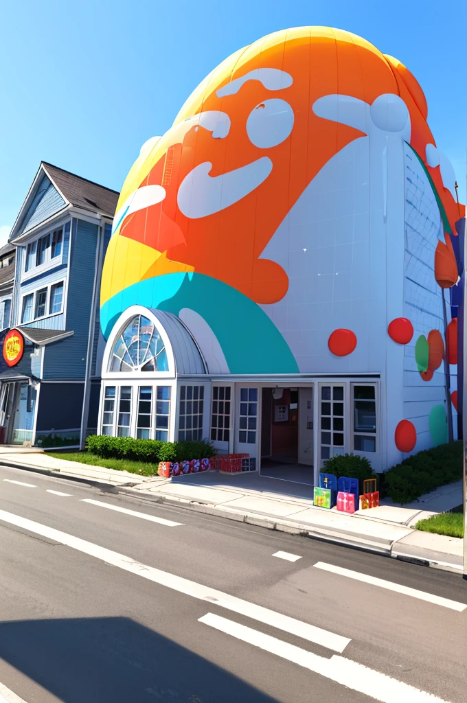 Iso-spaced house, (45 degree view from top to bottom), cartoon, candy house, colorful balloons, cute architecture, giant candy-like billboards, amusement park, blank background, clear structure, correct light and shadow, 3D rendering, sci-fi style