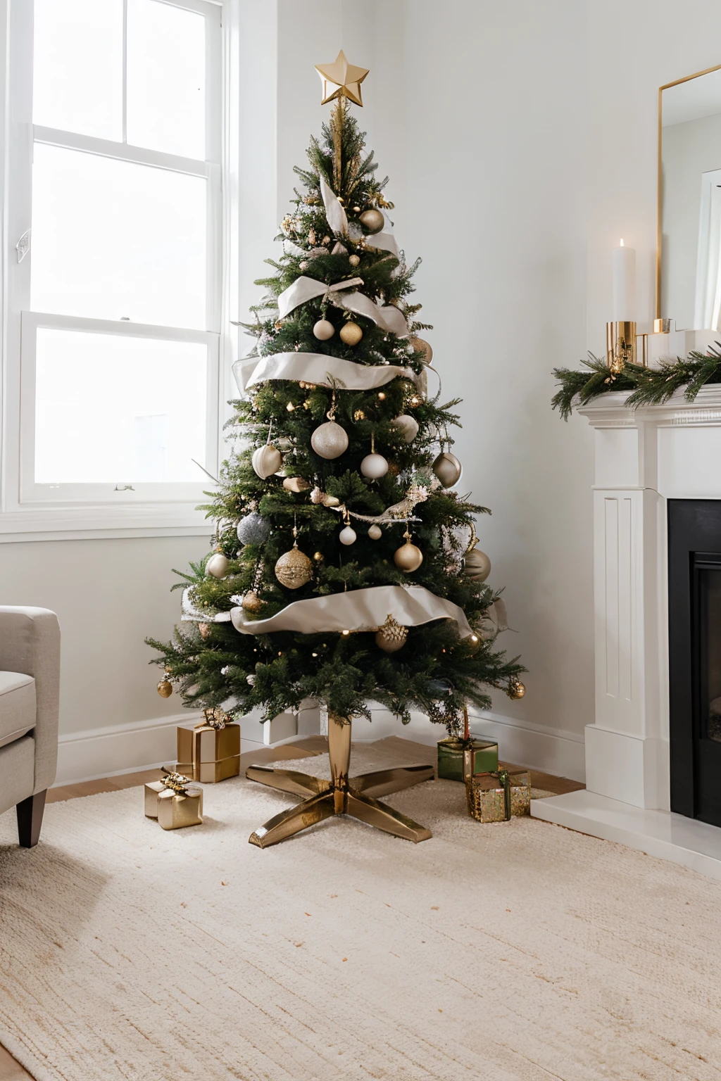 A minimalist and modern design of a geometric Christmas tree with metallic accents for a chic holiday look, 4k