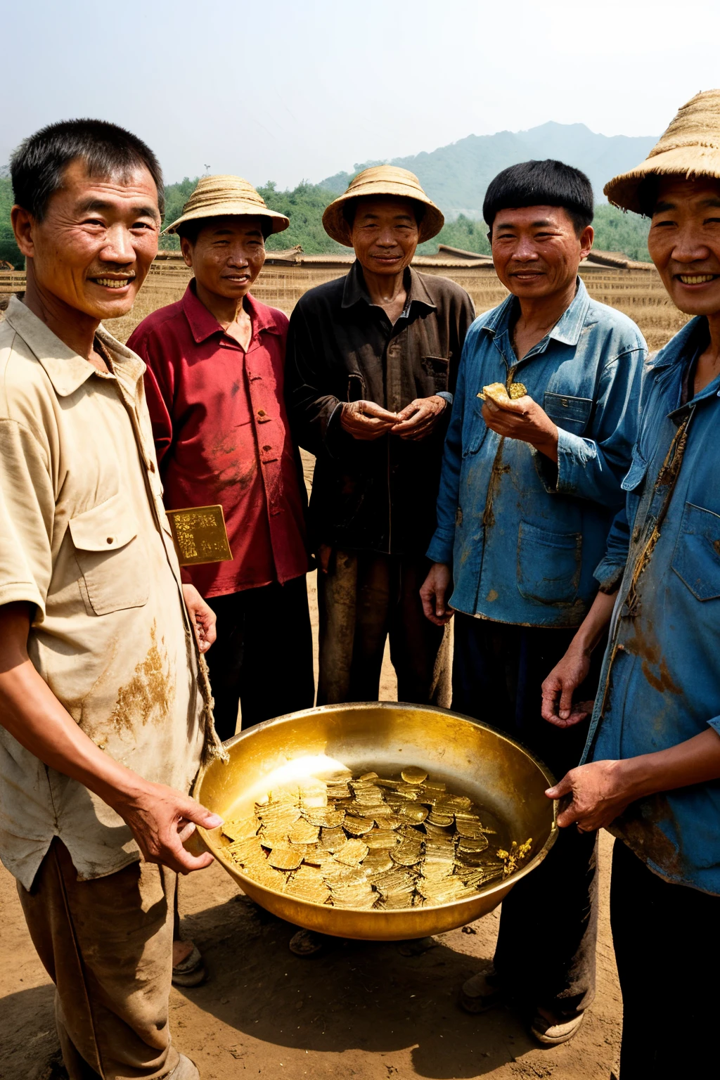 A group of old Chinese farmers wearing dirty and torn clothes holding gold bars in their hands。Dirty environment,Everyone is happy and tall,Perfect facial features,Perfect hands,Ultra-high resolution