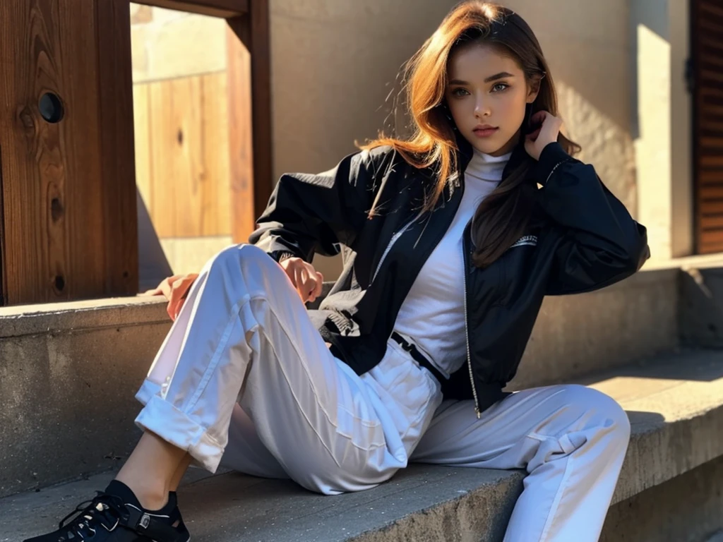 Redhead, full lips, modelesque figure, emarald green eyes, full body, cinematic lighting, white turtleneck, blue jacket, single person