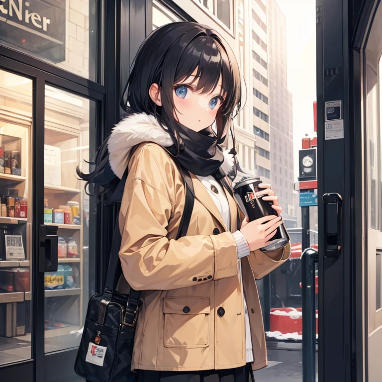 A girl offering canned coffee on a winter day