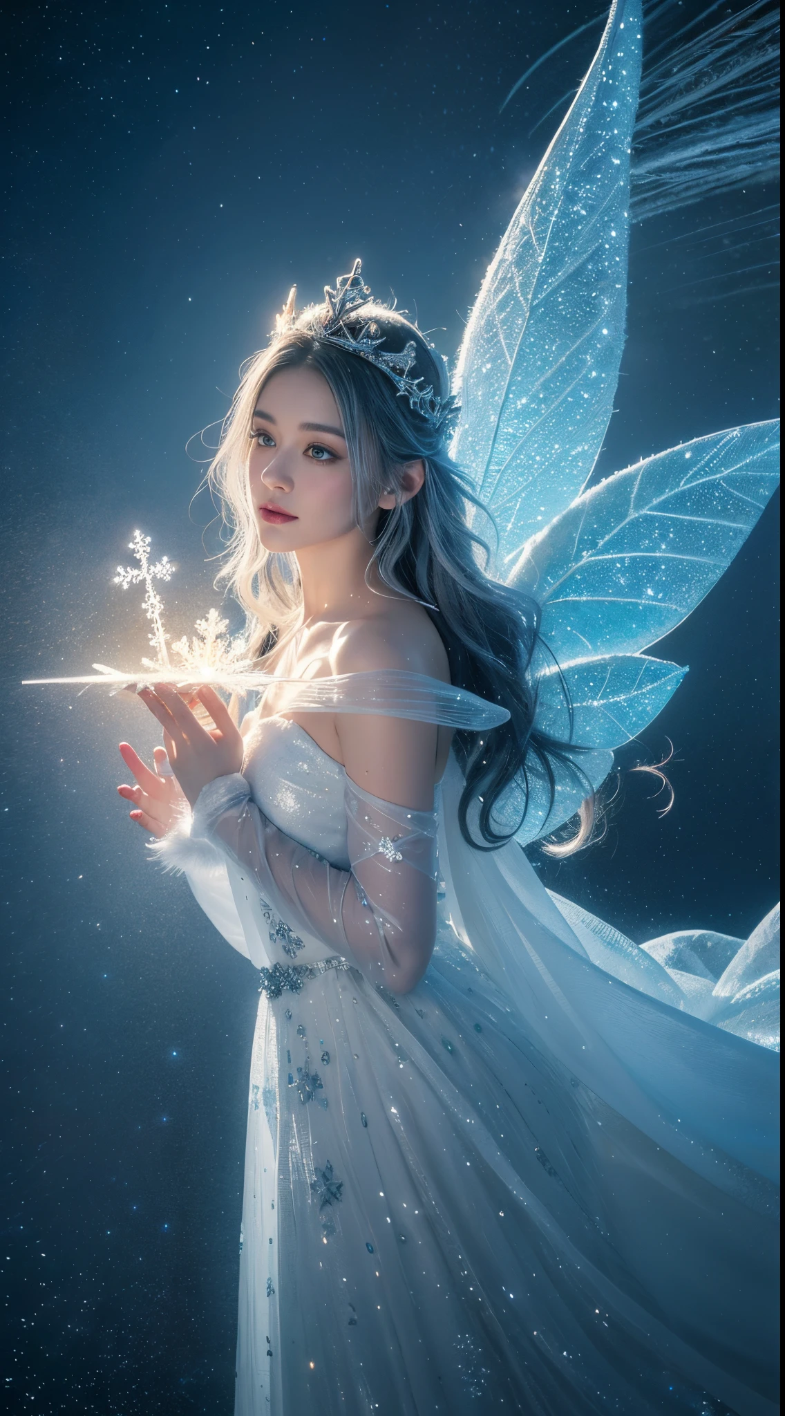snowstyle, ethereal fantasy concept art of {(Glistening snow fairies adorned with icicle crowns twirled through the air, transforming frosty breath into enchanted snowflakes. A winter ballet unfolded as they crafted a crystalline palace for a grand Christmas ball.:1.4), centered, symmetrical, in the style of disney, Detailed digital art by greg rutkowski and Thomas kinkade, Trending on Artstation, CGSociety, deviantart, 8k, HD, detailed, high resolution, cinematic, unreal engine 5, 4k UHD image, octane render, epic angle and pose, 3d, depth of field, captivating patterns, creative experimentation, luminous magic trails, global illumination, cinematic light, epic shot, festive hues with diffused lighting, award-winning, professional, masterpiece, full sharp, UHD, HDR, 8k} . magnificent, celestial, ethereal, painterly, epic, majestic, magical, fantasy art, cover art, dreamy,