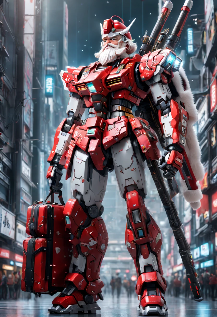 1 transparent glowing Santa Claus wearing Christmas clothes made of a mechanical Gundam mecha, wearing a traditional Christmas hat and a white beard, holding a futuristic technology wooden stick and carrying a backpack, futuristic Santa Claus, Mechanical Union Christmas city background , eyes looking at the audience, ((shooting from head to toe)), ((whole body shooting)), (((far shot))), model shoot style, (extremely detaild的 CG unified 8k wallpapers), hyper realisitc, 8K, super detailing, Best quality at best, Award-Awarded, Anatomically correct, super detailing