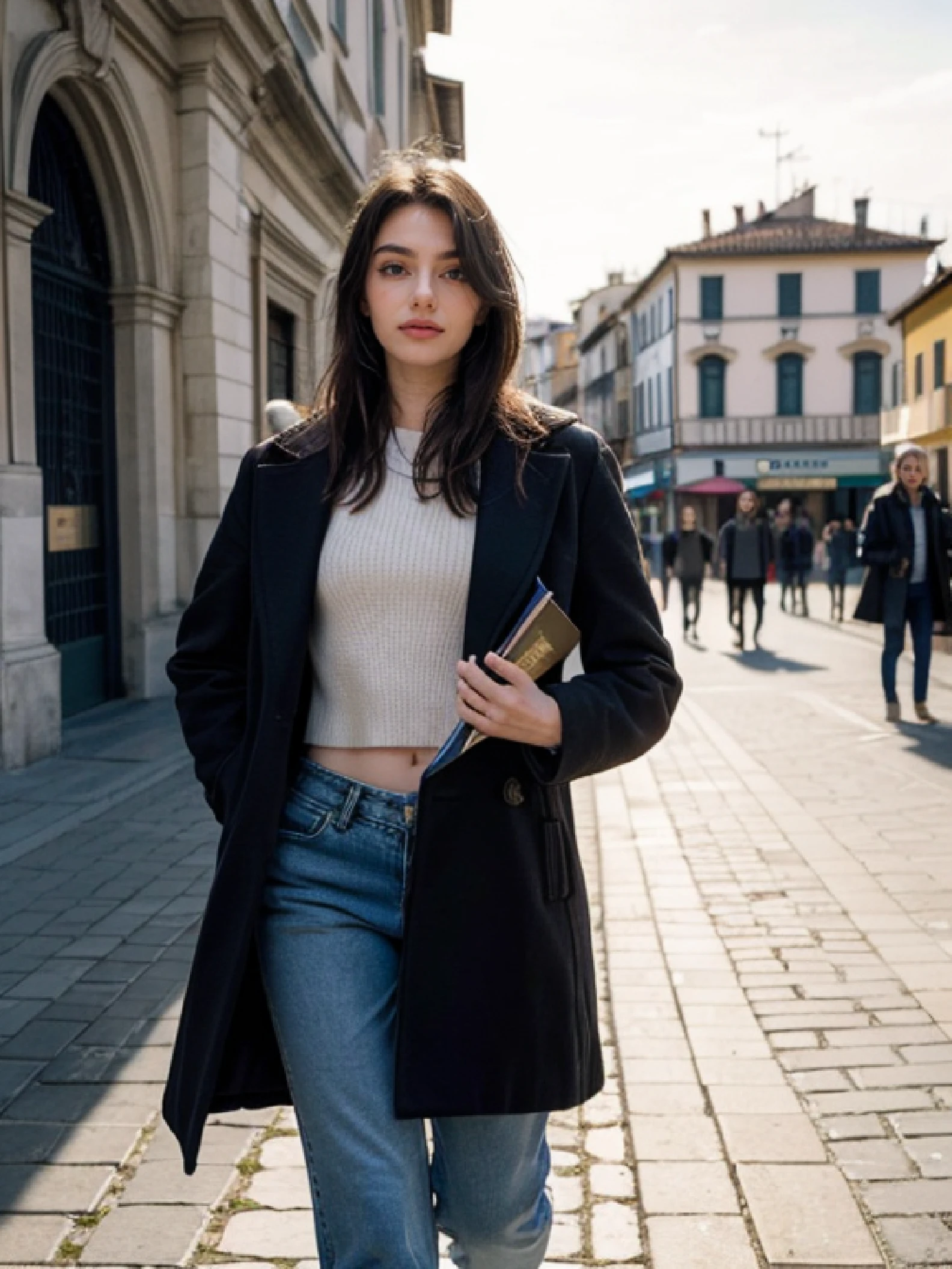 raw photo, masterpiece, winning award photo, gaia nobile, 18 years old, walking in Piazza Loggia, Brescia, super accurate piazza loggia, ((winter)) foggy, sunny day, she smiles, tired face, natural skin, skin imperfections, she wears a long heavy closed black coat and bluejeans, hyper detailed, golden hour, photorealistic1.4