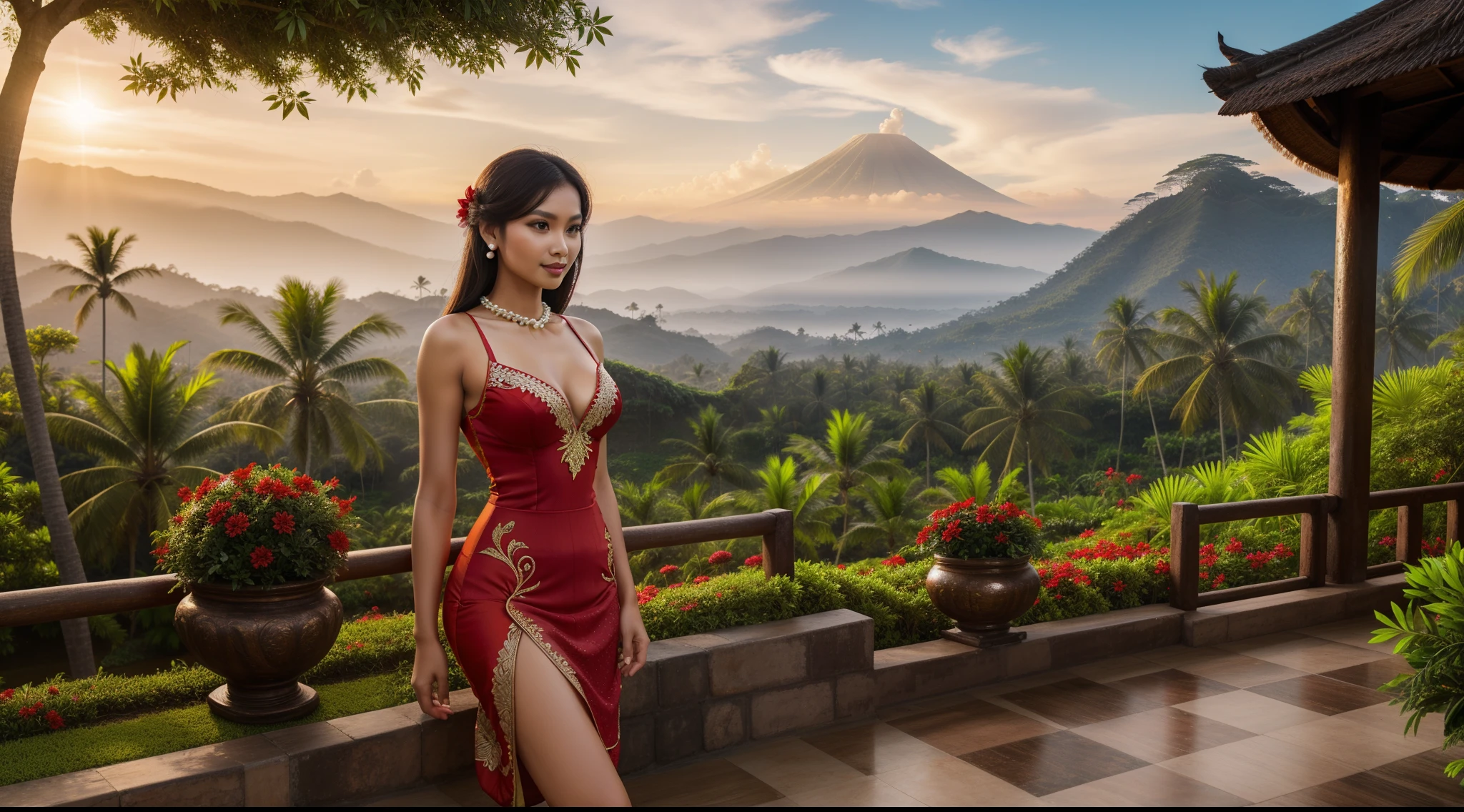 (((a girl (stand:1.2) (alone:1.2)))),((full-body:1.5, cinematic-shot)),(best quality,4k,8k,highres,masterpiece:1.2),ultra-detailed,(realistic,photorealistic,photo-realistic:1.37),(beautiful and aesthetic:1.2),vibrant color,(film grain:1.3).

(1girl),(solo),((1 person)),(17years-old), [Intan-Lestari],pearl skin,(skin pores:1.1),beautiful detailed eyes,beautiful detailed lips,extremely detailed eyes,longeyelashes,extremely detailed face and skin texture,(skin texture:1.1),black hair,tall and slender body,(192cm tall),thin and delicate figure,graceful posture,flawless skin,defined abs,perfect curves,feminine appearance,beautiful long legs,embodying elegance and beauty,(cleavage breasts,large breasts:1.4),((wearing a (red ultra-short kebaya-dress:1.4))),extremely detailed and realistic (red) clothes,(shiny skin),((sharp focus:1.5)),(earringeathers:1.5).

[an Indonesian village, vibrant and lively, surrounded by the rich cultural heritage. The village is filled with colorful houses made of bamboo and wood, adorned with intricate carvings and decorations. The landscape is lush and scenic, with rice terraces stretching across the horizon, and towering palm trees swaying in the gentle breeze. In the background, the majestic silhouette of a volcano adds a dramatic touch to the scene. The colors are vivid and vibrant, reflecting the abundant nature and the cheerful spirit of the village. The lighting is warm and soft, casting a golden glow over the entire scene. The overall style of the artwork is a fusion of traditional and contemporary, showcasing the uniqueness of the Indonesian culture. The color palette is rich and diverse, with warm earth tones punctuated by pops of vibrant hues. The lighting is carefully crafted, illuminating the scene with a soft, diffused glow, creating a sense of warmth and tranquility]

Official art,extremely detailed,Angelic ethereal beauty,award-winning photography,studio photography,professional photography,depth-of-field,bokeh.