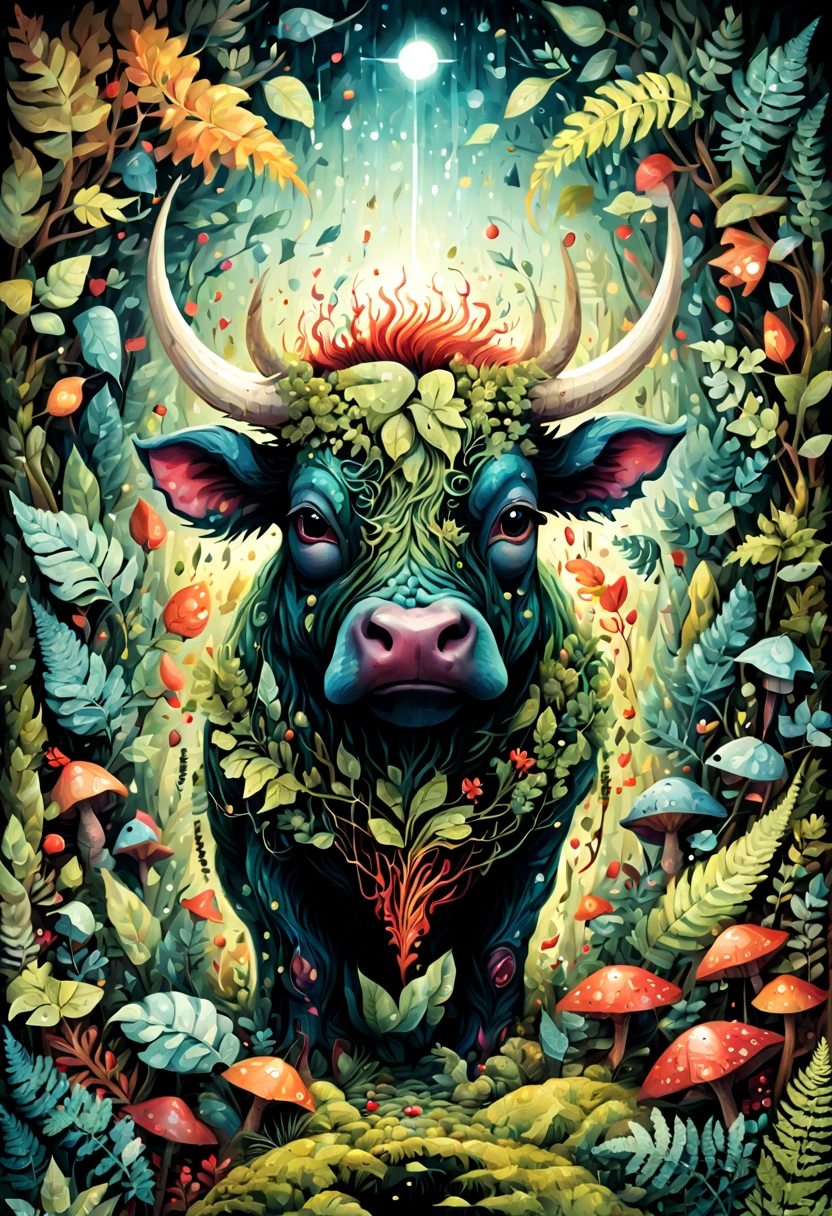 triadic colors, best quality, a close up highly detailed BULL, moss, ferns, rowanberries, highly detailed glittering scales, by Craola, Dan Mumford, Andy Kehoe, 2d, flat, cute, adorable, vintage, art on a cracked , fairytale, storybook detailed illustration, cinematic, ultra highly detailed, tiny details, beautiful details, mystical, luminism, vibrant colors, complex background