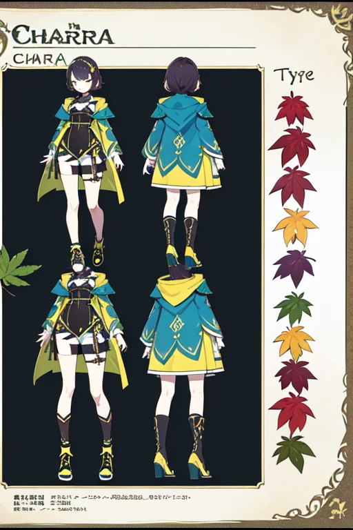 1girl in, ((Character information)、(Chara Leaf)、Type sheet, Character Sheets, Three types，Shot Full Body，Game Character Design，Colorful, Bright
