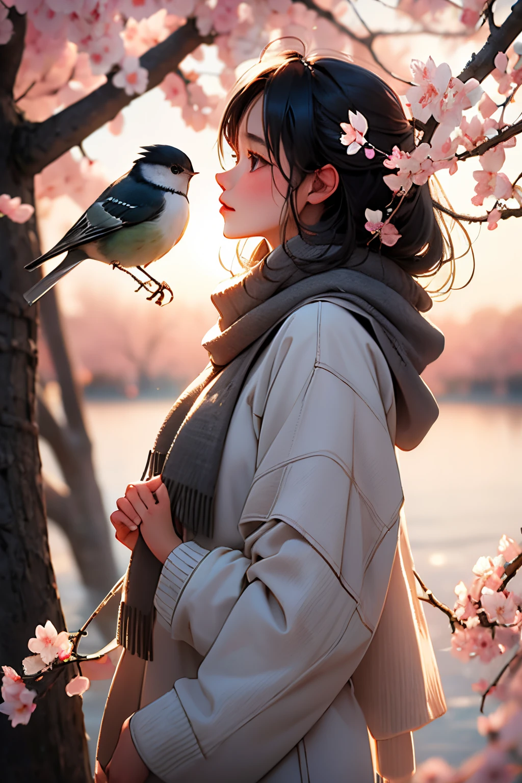 1girl, bird, black eyes, black hair, blurry, blurry background, cherry blossoms, lips, long-tailed tit, looking up, medium hair, profile, scarf, solo, tit (bird) , ((masterpiece))