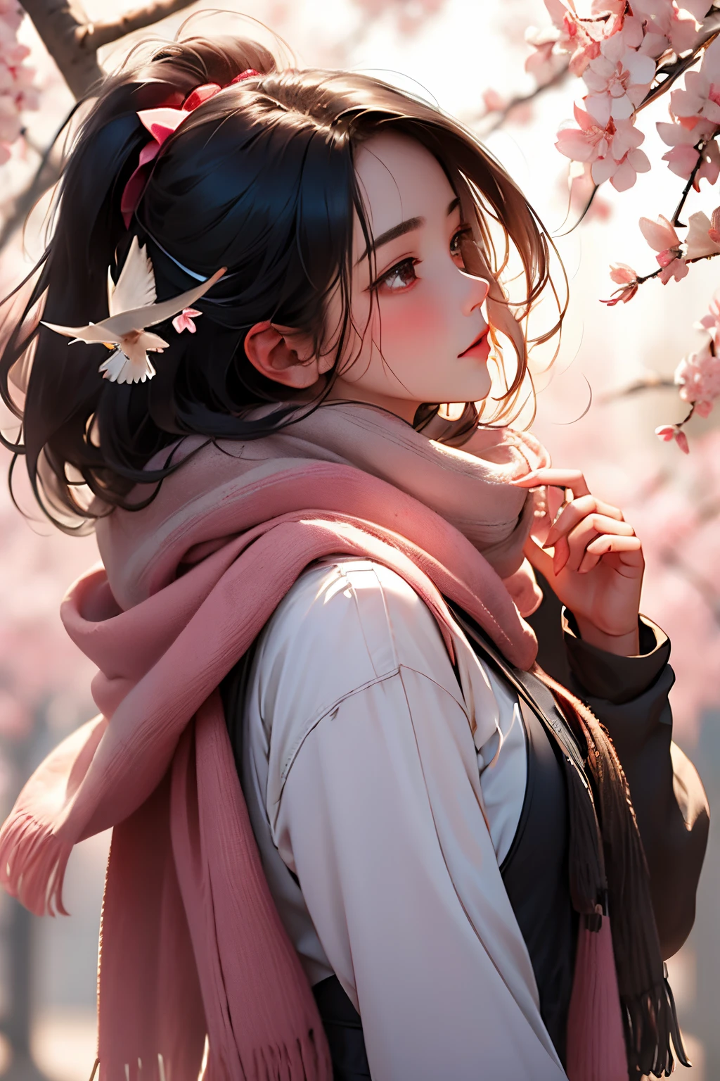 1girl, bird, black eyes, black hair, blurry, blurry background, cherry blossoms, lips, long-tailed tit, looking up, medium hair, profile, scarf, solo, tit (bird) , ((masterpiece))