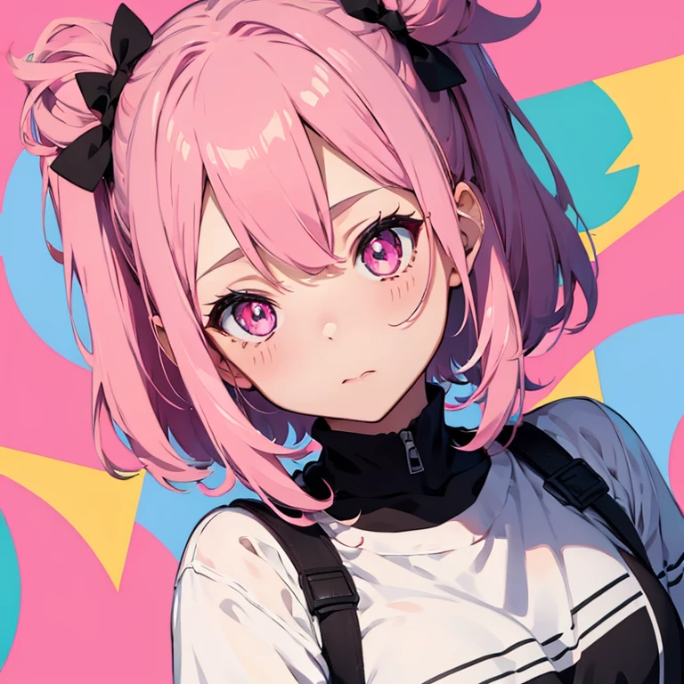 ski style, 1 girl, Alone, pink hair, animal ears, Blue eyes, Alas, looking at the viewer, hits, short hair, bow, sailor collar, white sailor collar, hair bow, pink bow, Closed mouth, shirt, white shirt, bear ears, bob cut, mini Alas, portrait, detached Alas, make up, Upper part of the body, City in the background