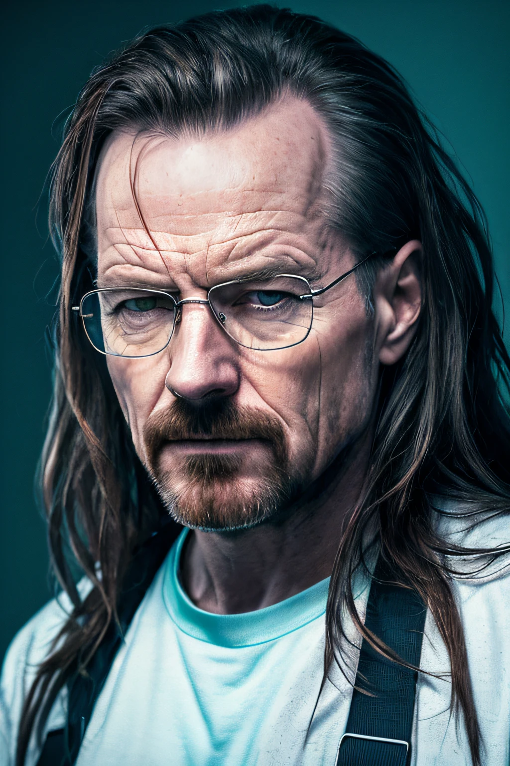 portrait of &cite;walter white&cite;，Upper part of the body，There are blood stains on his clothes，Long hair like a rock star，posing in a dark studio，（edge lit，：1.4）twotonelighting，Red，Focus sharp，cyan colors，Octane renderer，not real，dimly lit，low pitch，hyper realisitc