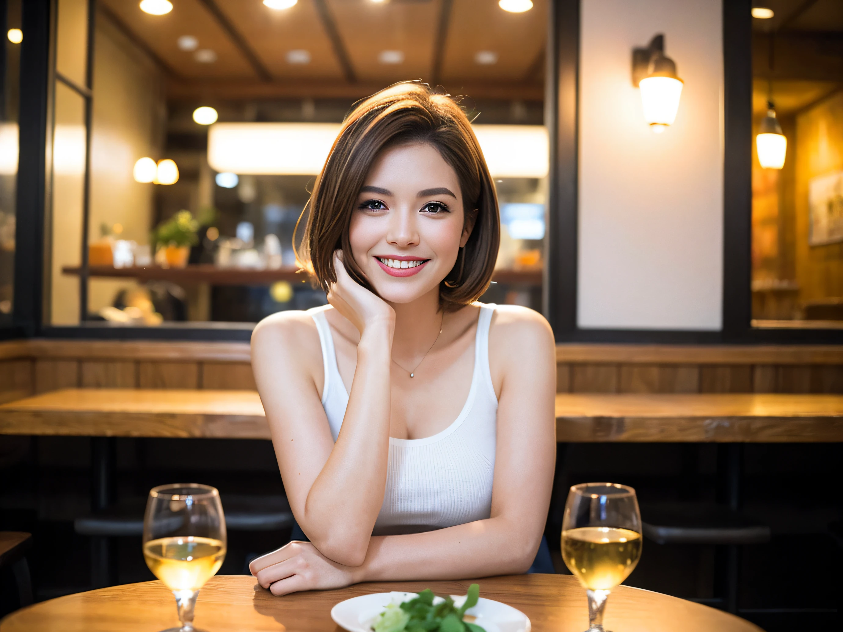 (64k uhd, nffsw, of the highest quality, masutepiece: 1.2), (Realistic, Photorealistic: 1.37), 1 pretty woman, (Slim Face), (Slim body), (Brown hair), (short-cut), cheeks blush a little, (41 years old), 38 years, Solo, A beautiful night view spreads outside the window, restaurant, Sitting in a wine glass, At night, In a prominent place (from waist up) NovaFrogStyle, actress, Model, waist-up, white wine, slim, wine glasses, Super clean night view, Wine glass placed in the middle, Happy smile, (Smile: 1.15), Beautiful fine eyes, Upper body, Bust Japan Up, Night, Short, Short, actress, Model, waist-up, white wine, slim, wine glasses, Super clean night view, Wine glass placed in the middle, Happy smile,