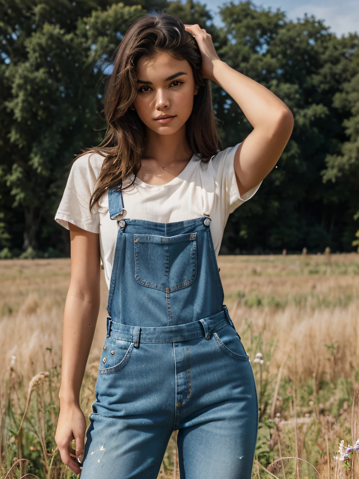 1970s \(style\) photo of fit, thin  25 year old  jp-newgrlv2-700 ,Braided crown, sunkissed glow, Denim overalls, bandana, clogs, Hiking trail with a vintage film camera, Panasonic Lumix GH5S, 25mm f/1.7, 1/320s, ISO 200