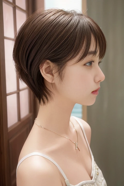 (*** 1 人)、(top-quality)、(​masterpiece)、(hight resolution)、(intricate-detail)、(Photorealsitic)、(Cinematic Light) 独奏、耳环、jewely、short-hair、Brown hair、s lips、portlate、profile、((cute little))、Female, Attractive woman、Everyone longs for、Transparency、a necklace、