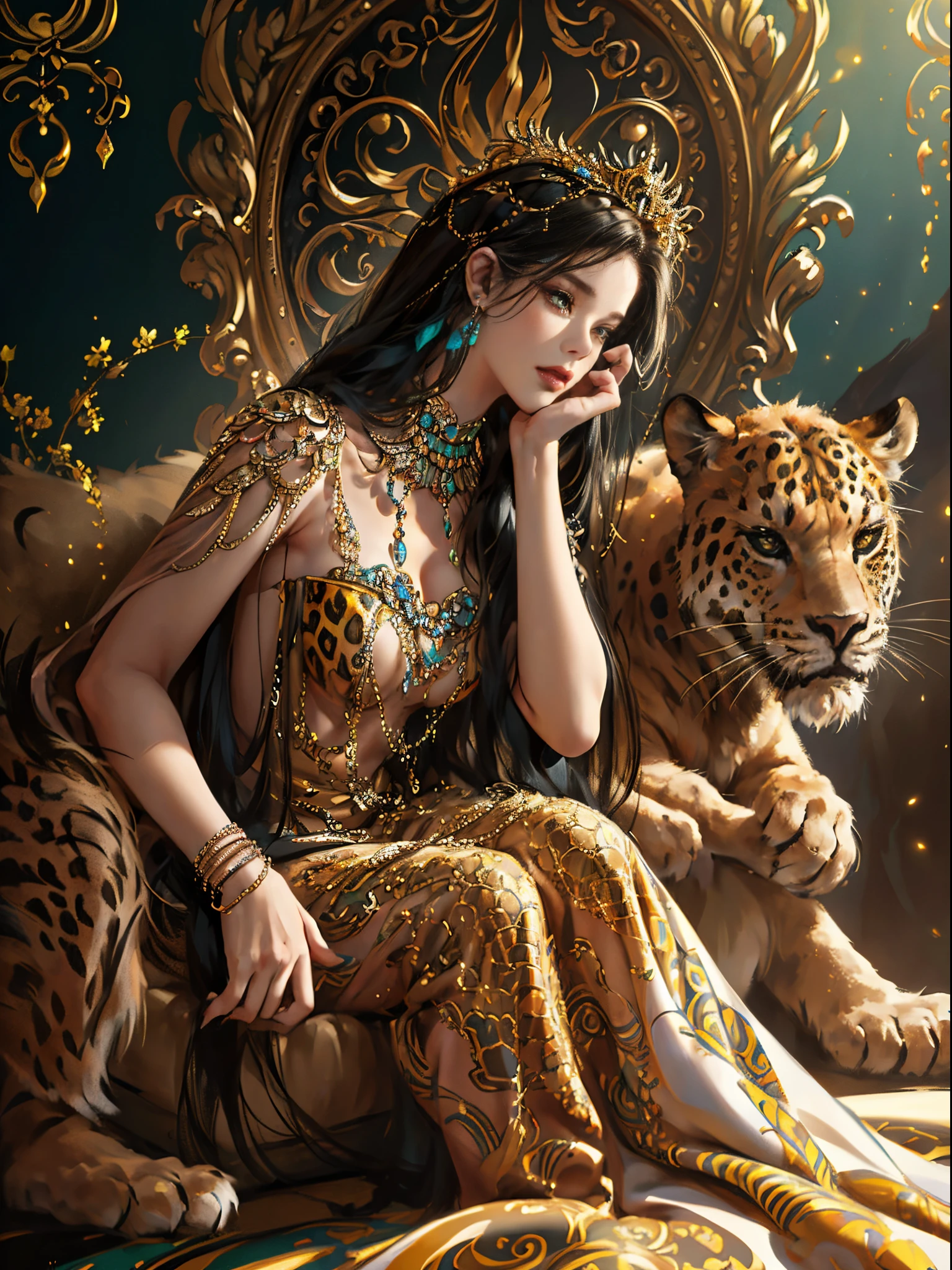 golden leopard motif、Vibrant colors、((​masterpiece)))、(((top-quality)))、((ultra-detailliert))、(A hyper-realistic)、(highly detailed CGillustration）、Official art、Land of Africa、Gorgeous、Elegance、supreme elegance、exoticism、Decadent、Brown-skinned、Black Beauty、bewitching、Finest beauties、sophisticated menegance、Gorgeous、Colorful and detailed mask design、matchless beauty、extremely detailed and beautiful eyes、Woman in her 30s、Sparkling Jewelry、female solo、Perfect Angle、perfect-composition、Well-formed contours