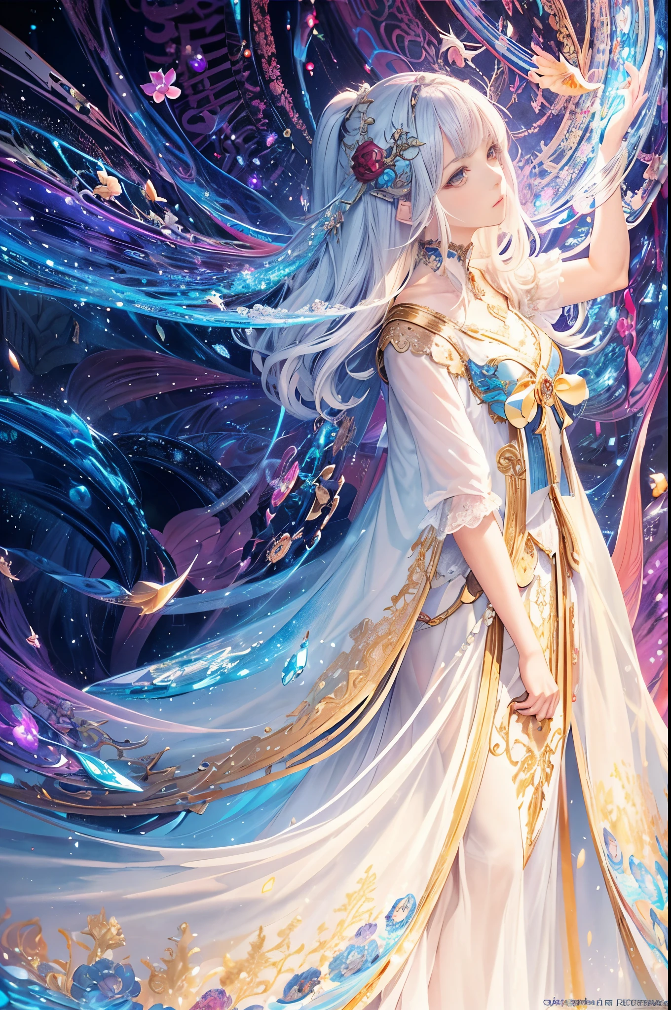 Wear a long skirt、A woman with long flowing hair, Beautiful celestial mage, galaxy goddess, anime fantasy illustrations, white-haired god, anime goddess, Beautiful fantasy anime, beautiful anime artwork, ((beautiful fantasy empress)), Anime fantasy artwork, beautiful anime art, detailed anime art, Cosmic hair anime girl, Belle peinture de personnage, Detailed anime artwork