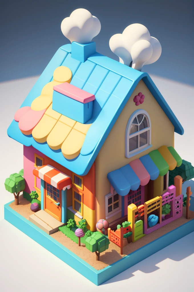isometric house, (top-down 45-degree perspective), cartoon, candy house, colorful balloons, cute building, huge candy-like signboard, amusement park, blank background, clear structure, correct light and shadow, 3D rendering