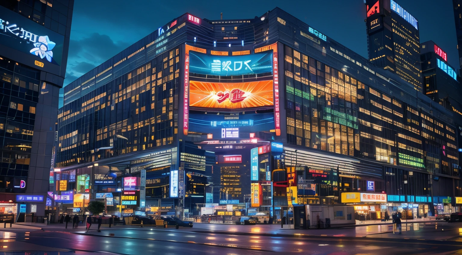 night city street，middle waterfall billboard，digital waterfall billboard，full of lights, digital billboard in the middle, The power of night city visuals, Digital billboards, Large commercial LED display, Japanese neon lights, Electronic billboards, Giant LED screen, japanese downtown, Neon sign in background, Neon billboard, Well-lit building, large screens, bright neon lights from the city