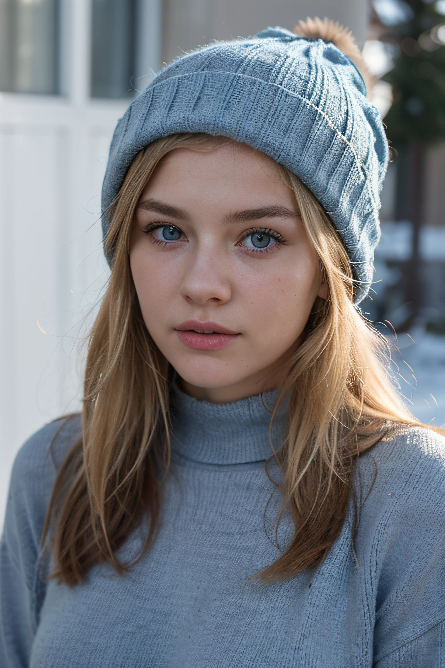 Extremely realistic blonde Russian girl with blonde hair and blue eyes, wearing a blue jumper, blue winter hat, entire body, looking at the camera