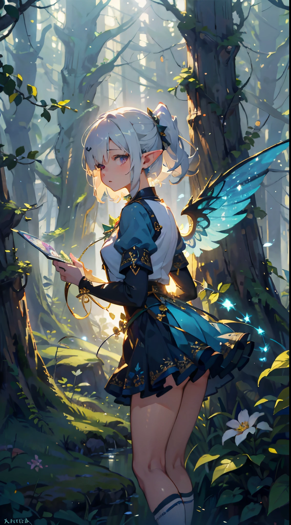 (Exquisite art style: 1.2 + bright colors: 1.2), (HD wallpaper + ultra-high precision: 1.2), When you think of "elf wings", you will imagine a flowing, elegant elf girl, flying in the air, surrounding the woods and wilderness. Her wings can be white, gold, or silver-gray, shining. She can wear dresses, short skirts or blue silk. Surrounded by trees, flowers and small animals, it  full of nature and magic. The theme "Wings of Elves"  good at depicting brightly colored and detailed dreamy pictures, which lead people's imaginations infinitely to the world of  and fantasy,  Break, (elf), (1girl), short hair, low ponytail, parted bangs, (hair over one eye), white hair, violet eyes, fantasy art by Artgerm, by Kawacy, by Yusuke Murata