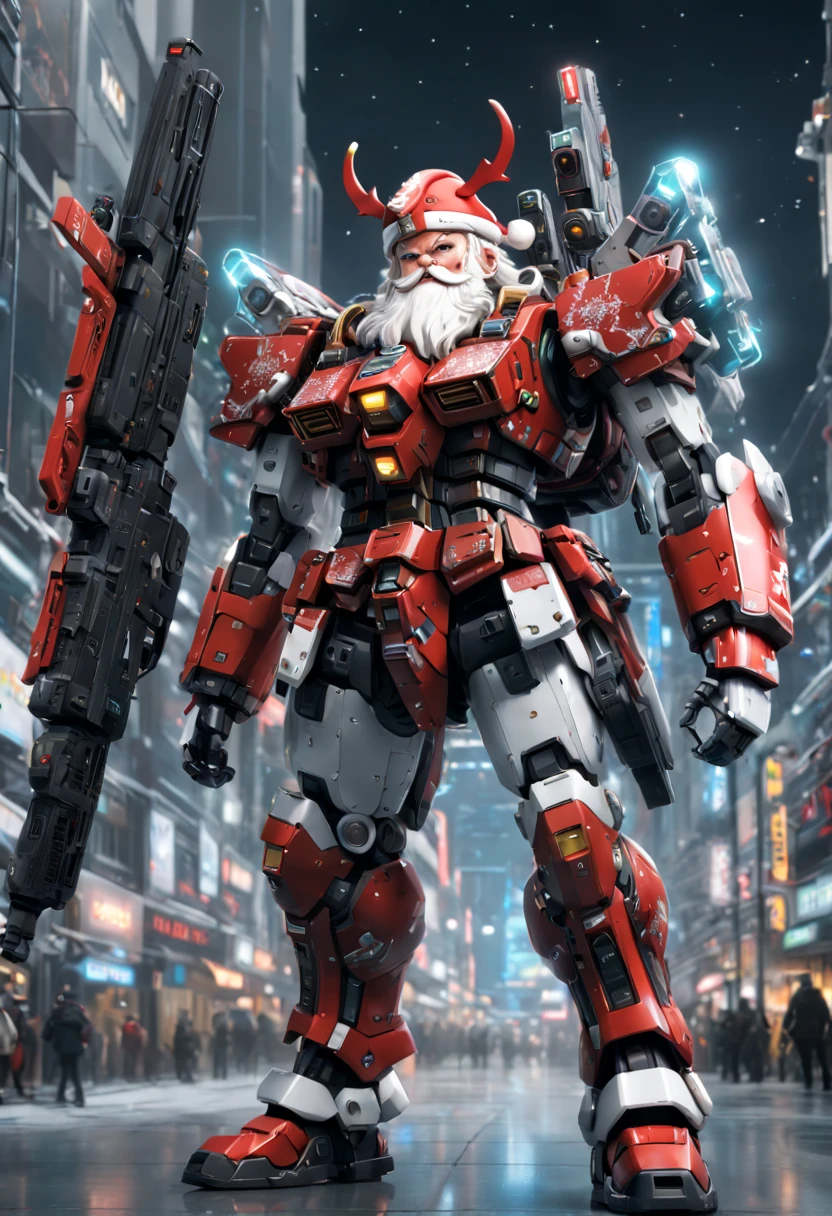 1 transparent glowing Santa Claus wearing Christmas clothes made of a mechanical Gundam mecha, wearing a traditional Christmas hat and a white beard, holding a futuristic technology rifle and carrying a backpack, futuristic Santa Claus, Mechanical Union Christmas city background, Eyes looking at the audience, ((head to toe shot)), ((whole body shot)), (((far shot))), model shoot style, (extremely detaild的 CG unified 8k wallpapers), hyper realisitc, 8K, super detailing, Best quality at best, Award-Awarded, Anatomically correct, super detailing