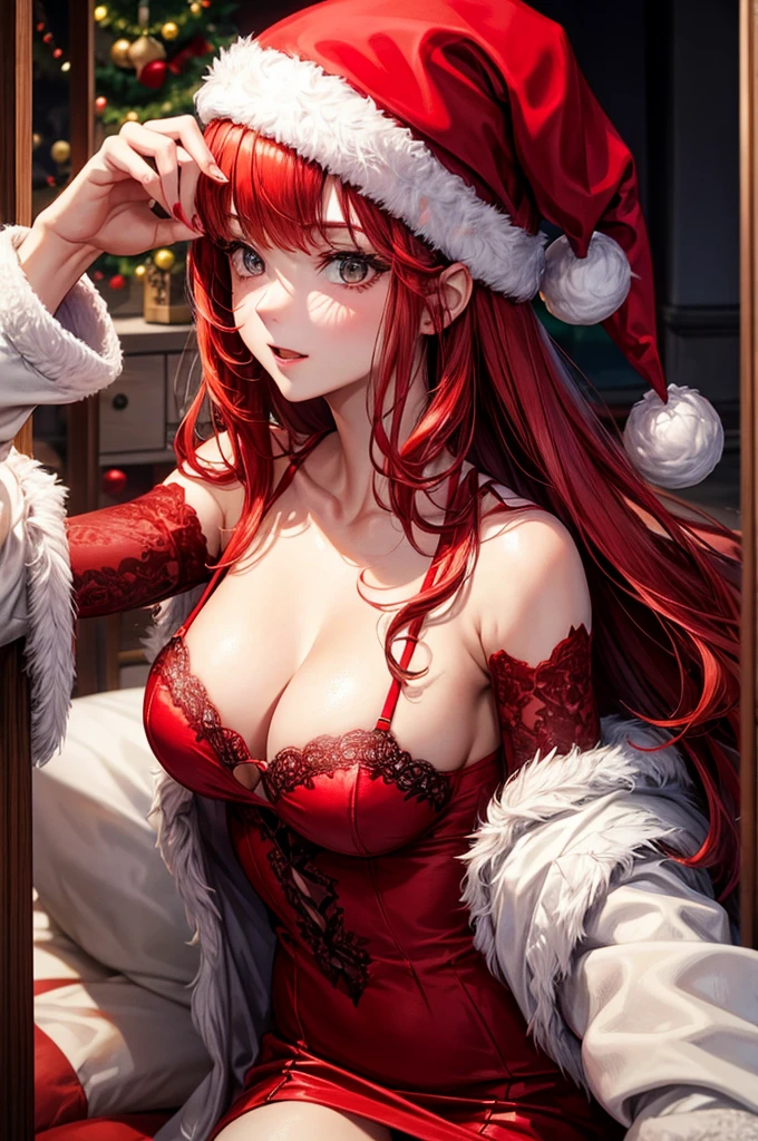 1 woman, red hair, lingerie, Santa hat, Christmas, masterpiece, best quality perfect face