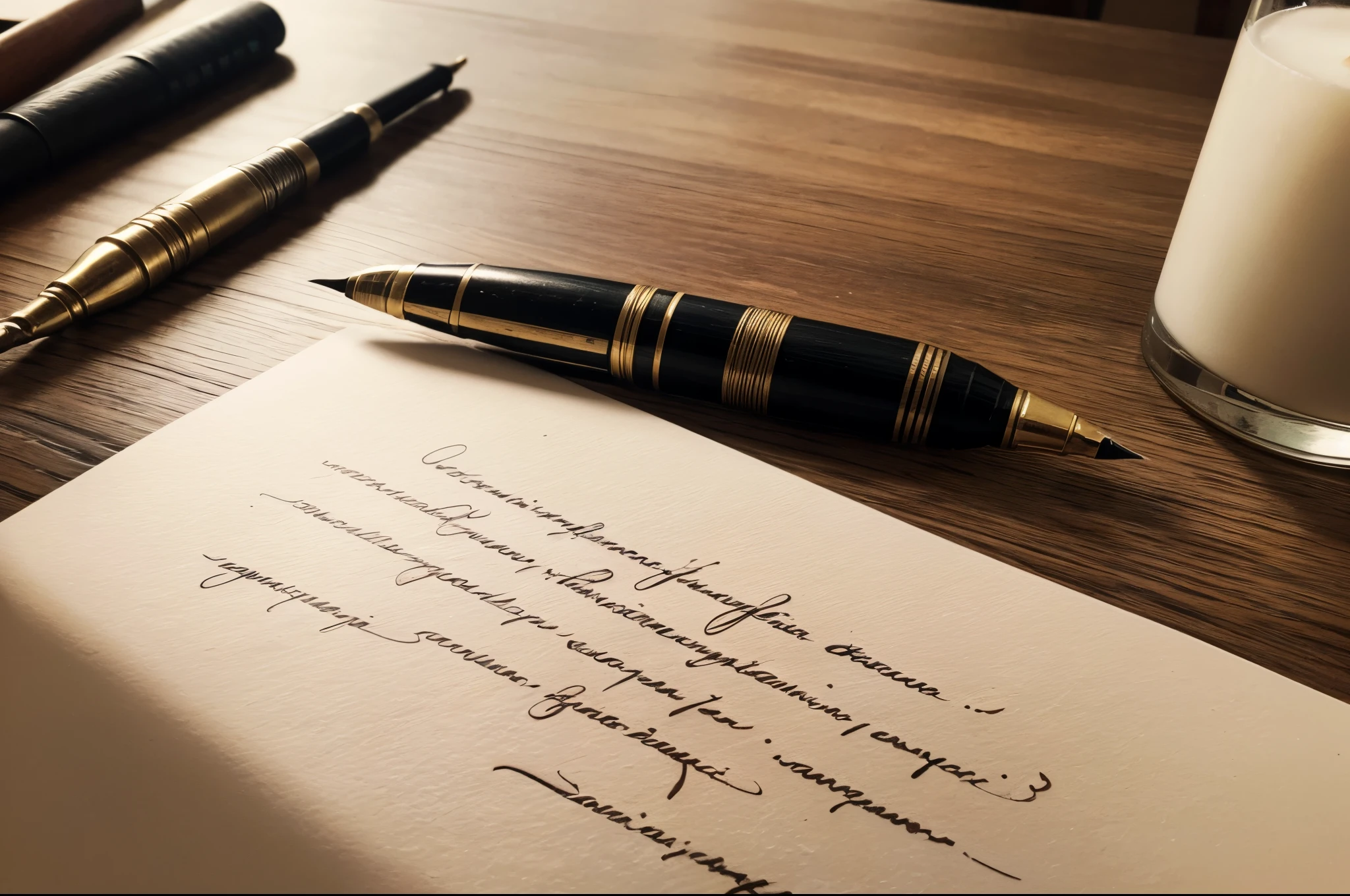 (Best quality,4K,8K,A high resolution,Masterpiece:1.2),Ultra-detailed,(Realistic,Photorealistic,photo-realistic:1.37),illustration,Hand-drawn,Antique texture,Old fountain pen,Exquisite calligraphy,Ink smudges,Tiny ink,Displays brush strokes,Vivid colors,Aging and weathering,Artistic composition,Focus on the wordrom to From",Subtle shadows,Soft lighting,lightand shade contrast,The saved ink drips,Unique vintage feel,Rich texture.
Additional Detail:
- A shabby wooden table,The background is a dimly lit room, Creating a mystical atmosphere.
- A quill placed on the table, Next to it is a can of ink.
- Small candles,Illuminate the scene with a warm glow, Cast soft shadows on the table.
- A stack of old letters scattered everywhere, Hint at the story behind the text.
- Subtle reflection of text on the surface of a table, Increase the depth of the composition.
- Delicate floral motifs adorn the edges of the , Bring a touch of elegance to your creations.
- Small curly hair and gorgeous letters, Show the artistry of calligraphy.
- One of the words has a slight smudge, Tip: The ink is still wet when writing the letter.
- Old creases and folds on , Give it a sense of history and authenticity.
- Soft sunlight peeking through nearby windows, Casting gentle