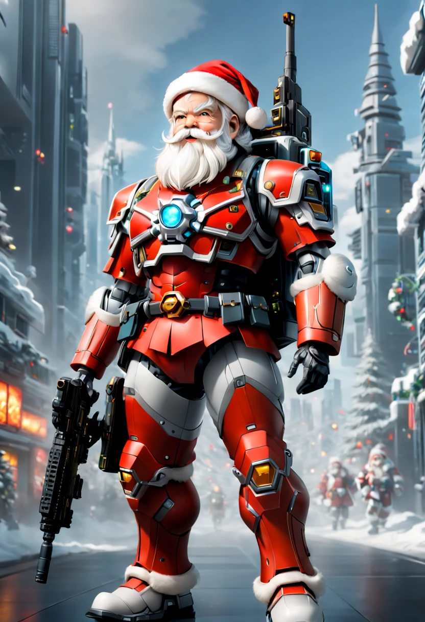 1 transparent glowing Santa Claus wearing Christmas clothes made of a mechanical Gundam mecha, wearing a traditional Christmas hat and a white beard, holding a futuristic technology rifle and carrying a backpack, futuristic Santa Claus, Mechanical Union Christmas city background, Eyes looking at the audience, ((head to toe shot)), ((whole body shot)), (((far shot))), model shoot style, (extremely detaild的 CG unified 8k wallpapers), hyper realisitc, 8K, super detailing, Best quality at best, Award-Awarded, Anatomically correct, super detailing