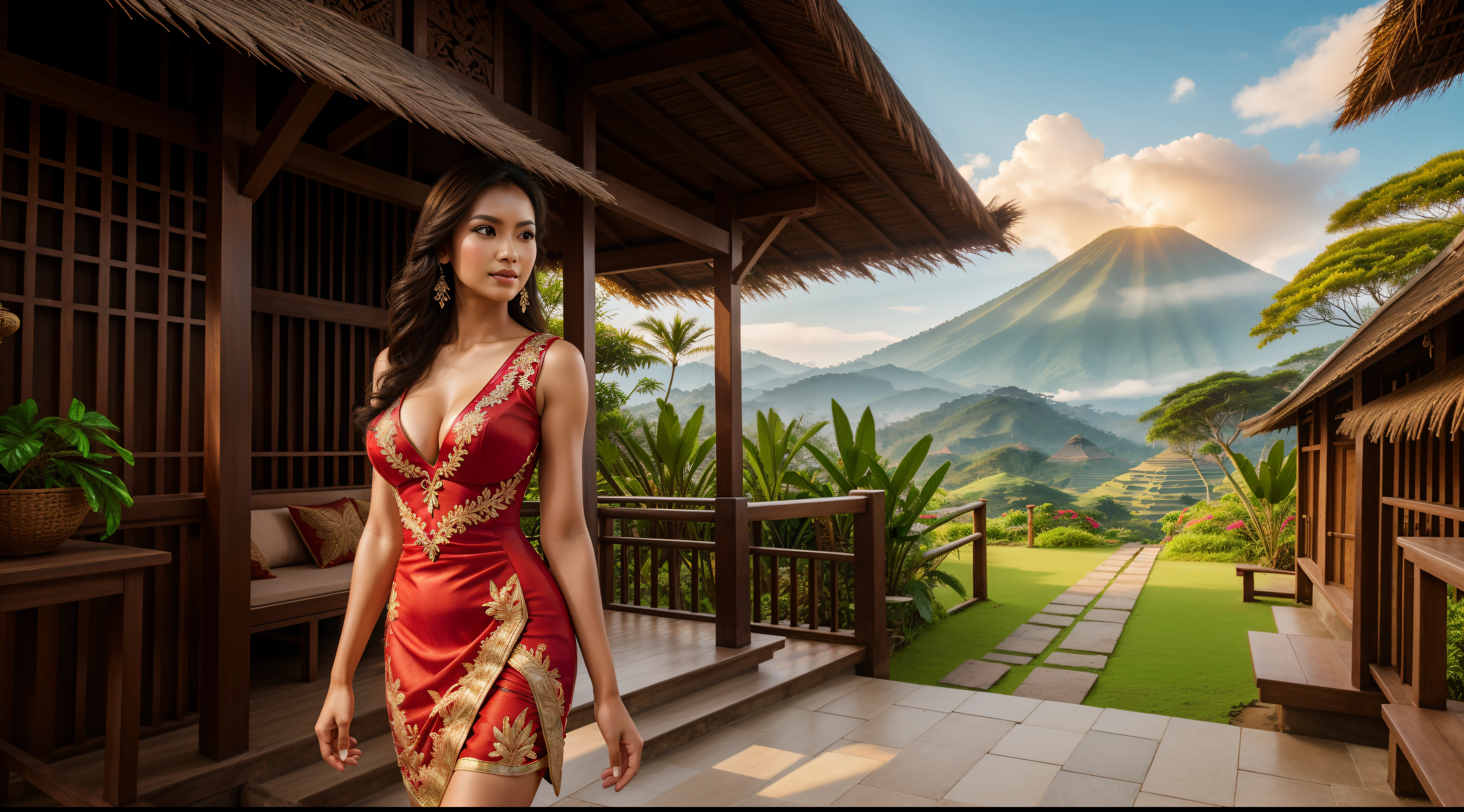 (((a girl (stand:1.2) alone))),((full-body:1.5, cinematic-shot)),(best quality,4k,8k,highres,masterpiece:1.2),ultra-detailed,(realistic,photorealistic,photo-realistic:1.37),(beautiful and aesthetic:1.2),vibrant color,(film grain:1.3).

(1girl),(solo),((1 person)),(17years-old),[Alya Vina],pearl skin,(skin pores:1.1),beautiful detailed eyes,beautiful detailed lips,extremely detailed eyes,longeyelashes,extremely detailed face and skin texture,(skin texture:1.1),black hair,tall and slender body,(192cm tall),thin and delicate figure,graceful posture,flawless skin,defined abs,perfect curves,feminine appearance,beautiful long legs,embodying elegance and beauty,(cleavage breasts,large breasts:1.4),((wearing a (red ultra-short kebaya-dress:1.4))),extremely detailed and realistic (red) clothes,(shiny skin),((sharp focus:1.5)),(earringeathers:1.5).

[an Indonesian village, vibrant and lively, surrounded by the rich cultural heritage. The village is filled with colorful houses made of bamboo and wood, adorned with intricate carvings and decorations. The landscape is lush and scenic, with rice terraces stretching across the horizon, and towering palm trees swaying in the gentle breeze. In the background, the majestic silhouette of a volcano adds a dramatic touch to the scene. The colors are vivid and vibrant, reflecting the abundant nature and the cheerful spirit of the village. The lighting is warm and soft, casting a golden glow over the entire scene. The overall style of the artwork is a fusion of traditional and contemporary, showcasing the uniqueness of the Indonesian culture. The color palette is rich and diverse, with warm earth tones punctuated by pops of vibrant hues. The lighting is carefully crafted, illuminating the scene with a soft, diffused glow, creating a sense of warmth and tranquility]

Official art,extremely detailed,Angelic ethereal beauty,award-winning photography,studio photography,professional photography,depth-of-field,bokeh.