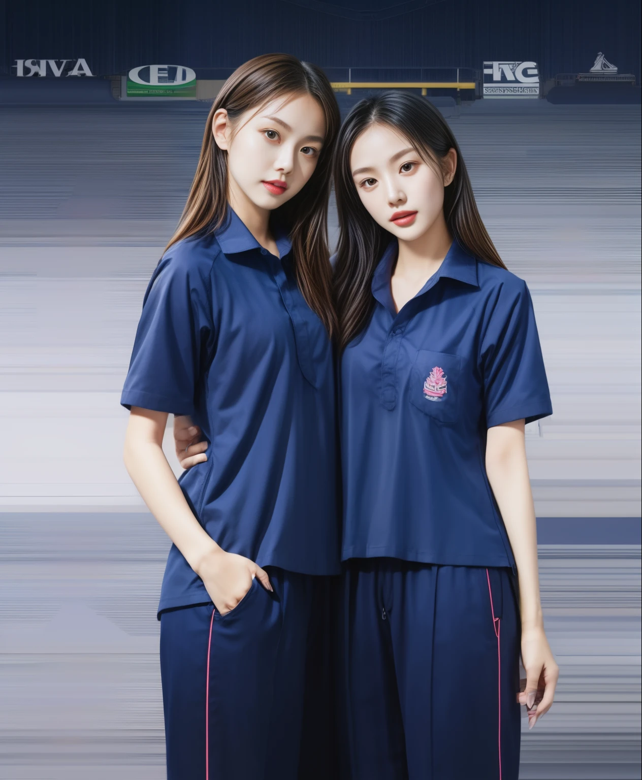 (bestquality,10,10,highres,masterpiece:1.2),ultra-detail,(Realistic,photorealistic portrait,photo-realistic:1.37),1 Cute girl in the football field,oily shiny skin,bara,light smile,BDclothelue shirt:1.3)),short sleeves,shirt, trousers.,(navy_long_Pants Track:1.1), ((Stadium Background:1.3)),dynamic angle,excited,face focus,Dynamic Poses,from behide,Ass Focus,masterpiece, bestquality, ultra realistic, hyper-detail, 8k resolution, RAW photo, crisp focus, ((Navy blue shirt:1.1)), short sleeves, Long Path, Perfect body, 2 mature women, 18yo, cinematic light,Blue sweatpants,Gymware,Correct anatomy,Complete body, Correct body, sharp face, Anatomically correct body, full entire body, Realistic gestures, long-haired, Realistic poses,Wear long shorts..................................,Long leg span,Shapely,Sculpting Girl, Slender Figure, mannequin mannequins, Shapely, Beautiful body,Blue sweatpants, Two girls kissing