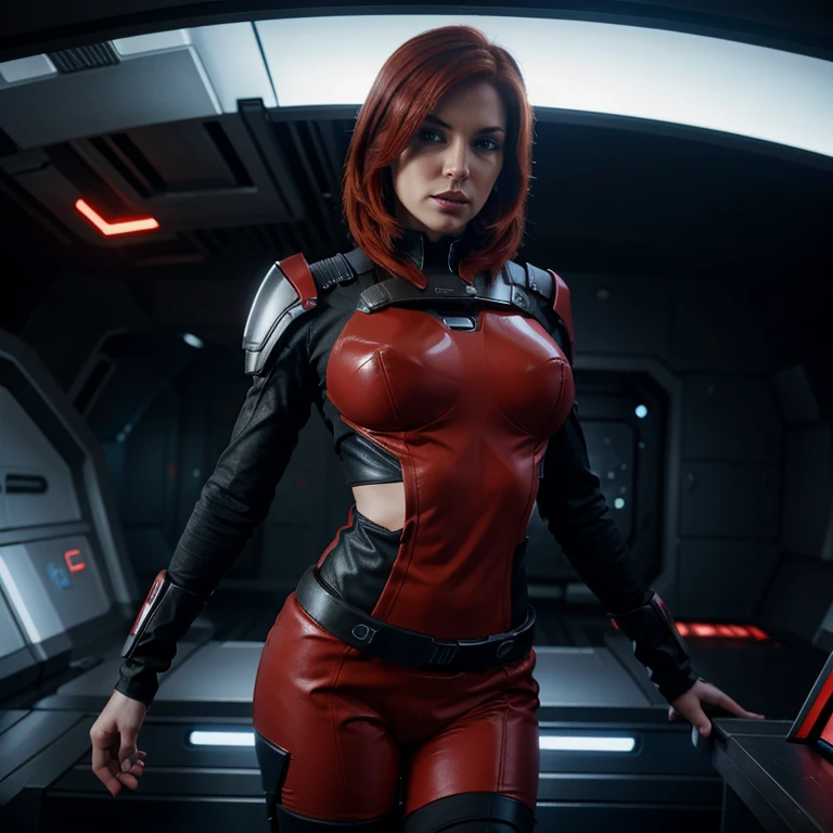 Red head femshep, mass effect, sexy pose, scifi background
