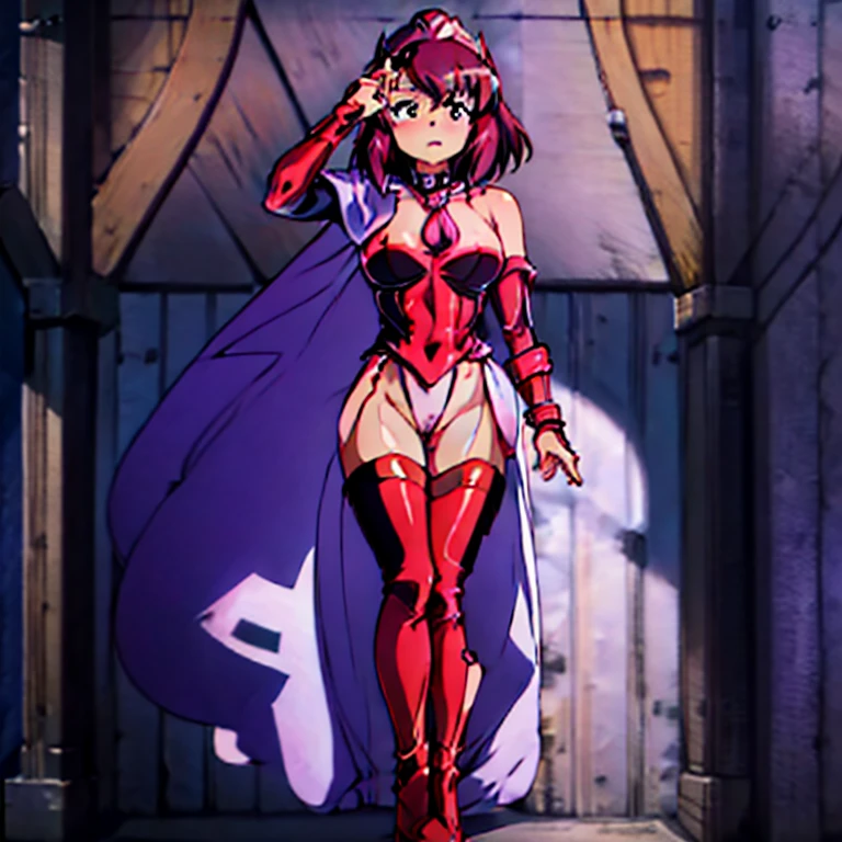 Masterpiece, Best Quality, Highly detailed, illustration, absurdres, street fighter, doll suit, shadaloo doll, nazi saluting, military, military saluting, salute, 1 girl, solo, expressionless, emotionless eyes, looking at viewer, red gloves, emotionless, black latex, corrution, zofa suit, zofa soldier, mind control, female combatant, full body, hypnotized, standing, standing at attention, unhappy trance, full body suit, leotard, eagle emblem, henrietta, henrietta de tristain, purple hair, silver eyes, The Familiar of Zero, perfect female body, burning village