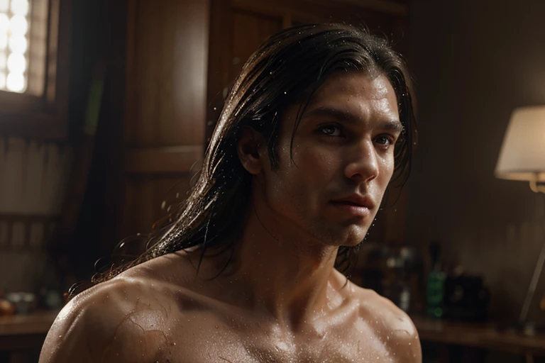 A caucasian man posing for a picture in a room, Brazilian type of body hyperdetailed, wlop and artgerm, deviantart artstation cgscosiety, artwork in the style of guweiz, 8k high quality detailed art,long hair wet hyper realistic 8K, canon HD. 4K. Man, long hair male. Wet body. Pointy nose. Nose is straight. Eyes are green Pupils. Transparent Iris.