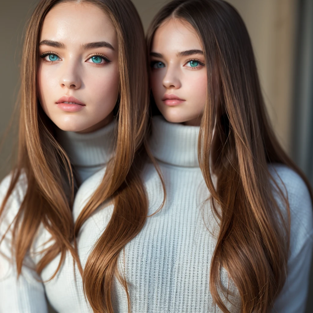Redhead, full lips, modelesque figure, emarald green eyes, full body, cinematic lighting, white turtleneck, blue jacket, one person photoshoot, expressionless