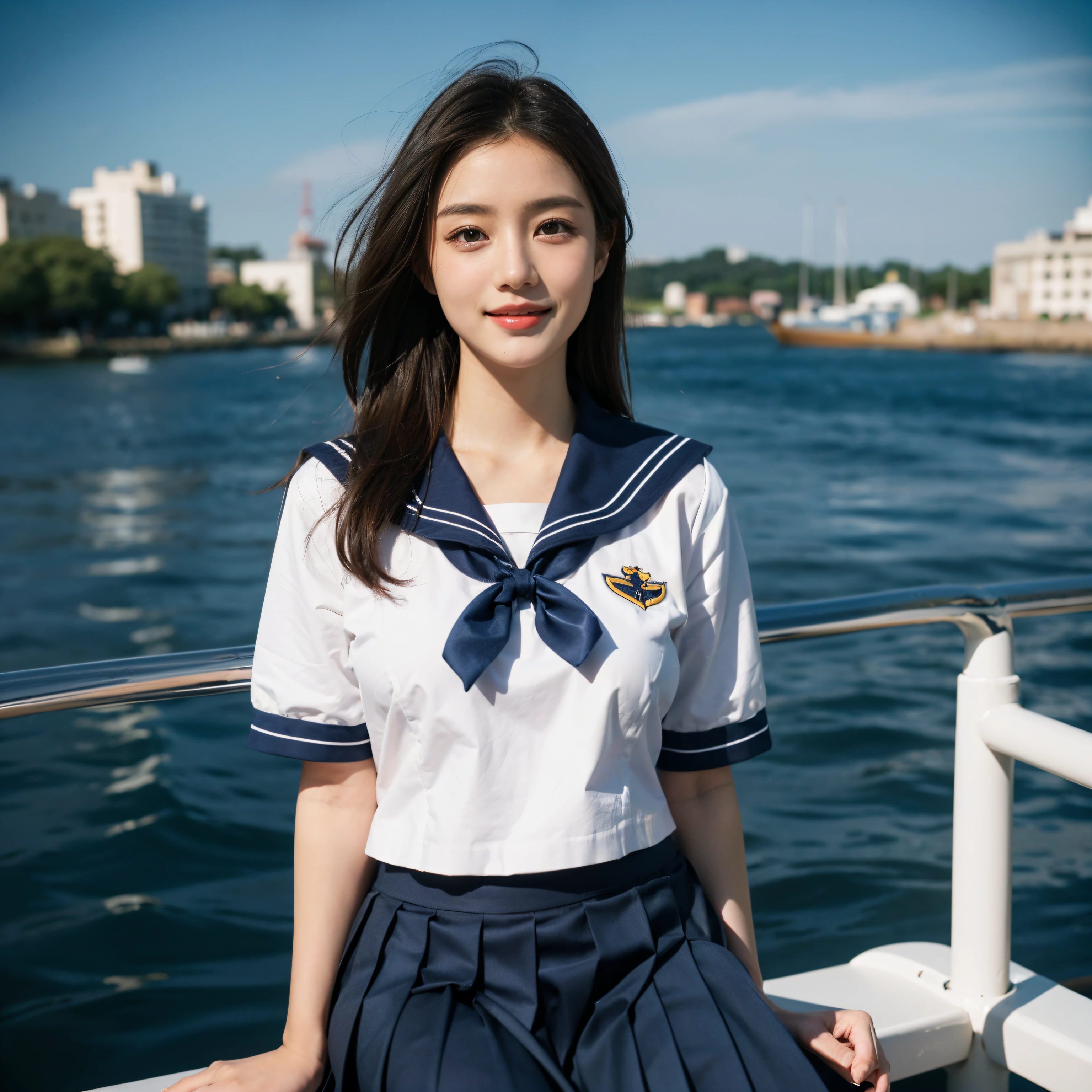 (Best Quality, 8K, 32K, masutepiece, nffsw:1.2), (Raw photo), (Realistic), (Photorealistic:1.2), (High resolution), Ultra-detailed, 美丽的面容 & eyes are brown, 1girl in, (Lori, :1.2), hyper cute face,Innocent smile,thin waist, large full breasts, slim proportions, (formal sailor uniform, darkblue pleated skirt:1.27), Background blue sky