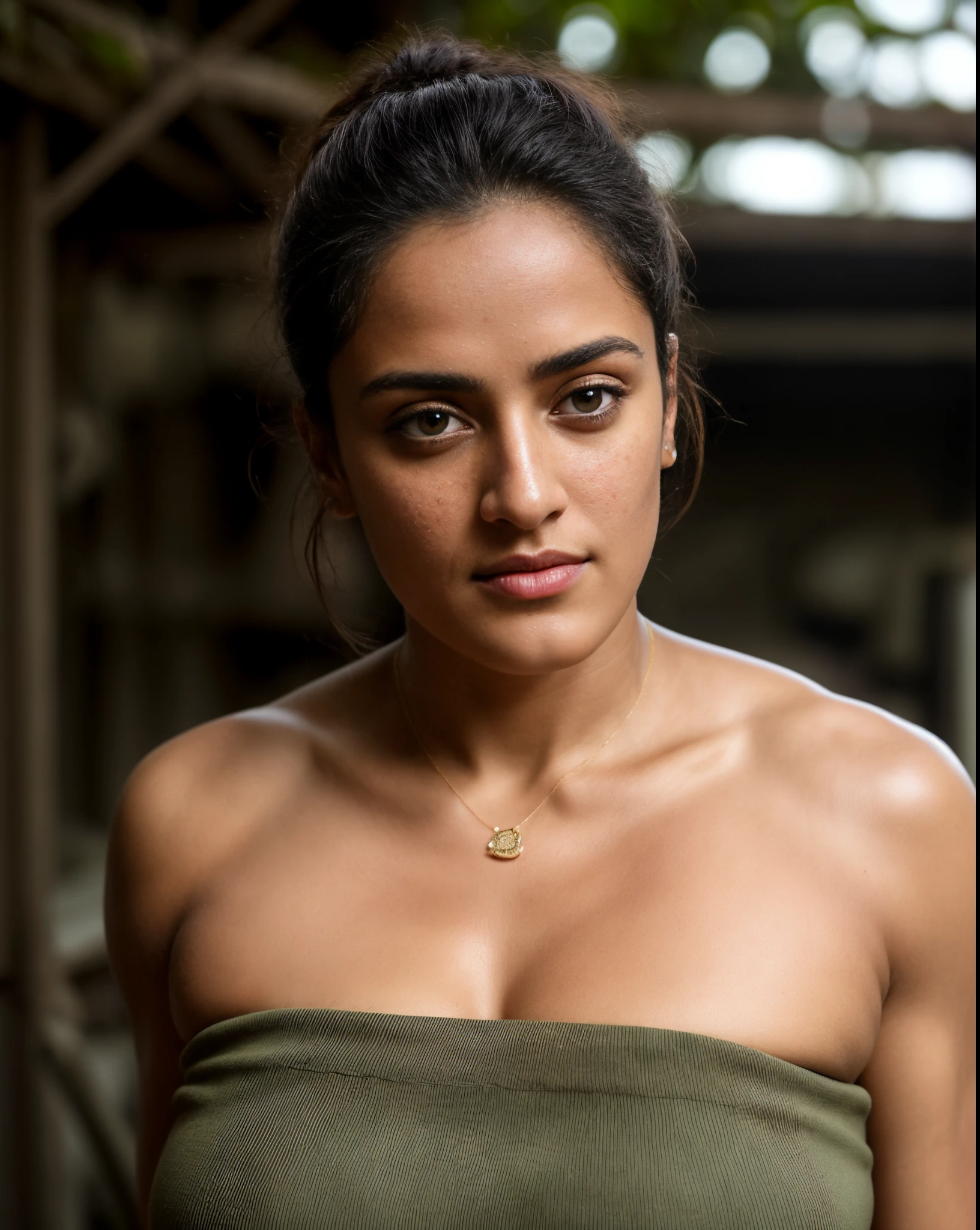 Face of PV Sindhu and Tapsee Pannu, perfect thick dusky Beauty, dynamic lighting, wearing olive green Knit Cami top, She is the combination of  Beauty and power, detailed hairy armpits, super hot cop, mascular Woman doing exercise, full of sweat, sweaty body, sweat, shiny skin, movie stills, cinematic portrait, cinematic Lightning, Highest quality, (dramatic lighting:0.7), masterpiece, high angle shot, perky breast, big tight breast, RAW photo of (pale 45 year old military Special Force woman with short styled hair, mascular woman with heavy physique, looking up at the viewer), cute, Extremely sweat, (wearing sleeveless 
square neck vest, thin cotton ), doing free hand excercise in a military camp in jungle, portrait, perfect face, beautiful eyes, vivid detail, (highly detailed skin), freckles, sfw, (blue tint:0.6), (dirty:0.8), (bloody:0.7), key lighting, (backlighting:0.5), medium depth of field, photographed on a Canon 5D, 50mm lens, F/4 aperture, (hyperdetailed, intricate details), sharp focus, muted colors, 8k, absurdres, 8mm film grain, war photography, perfect eyes, detailed eyes, sharp focus,