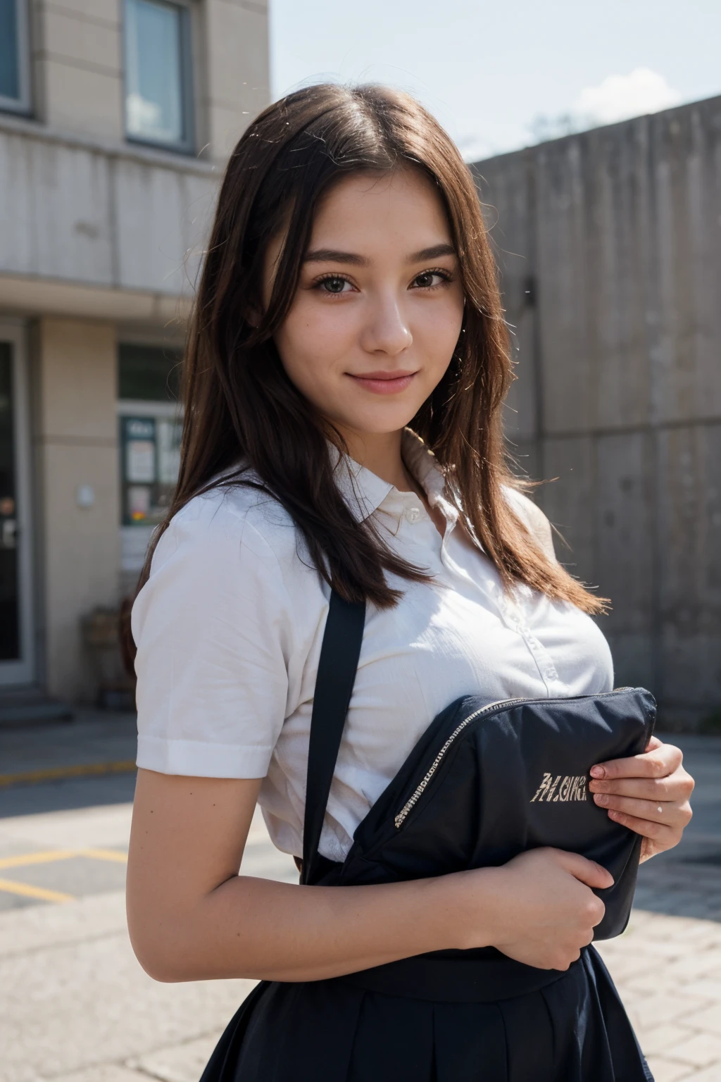 ((best quality)), ((masterpiece)), (detailed), perfect face, Create an anime drawing of a cheerful school girl with long, flowing hair and bright eyes. Her school uniform fits her perfectly, and she carries a backpack filled with books and stationery. Use a bright and sunny background to enhance her optimistic personality