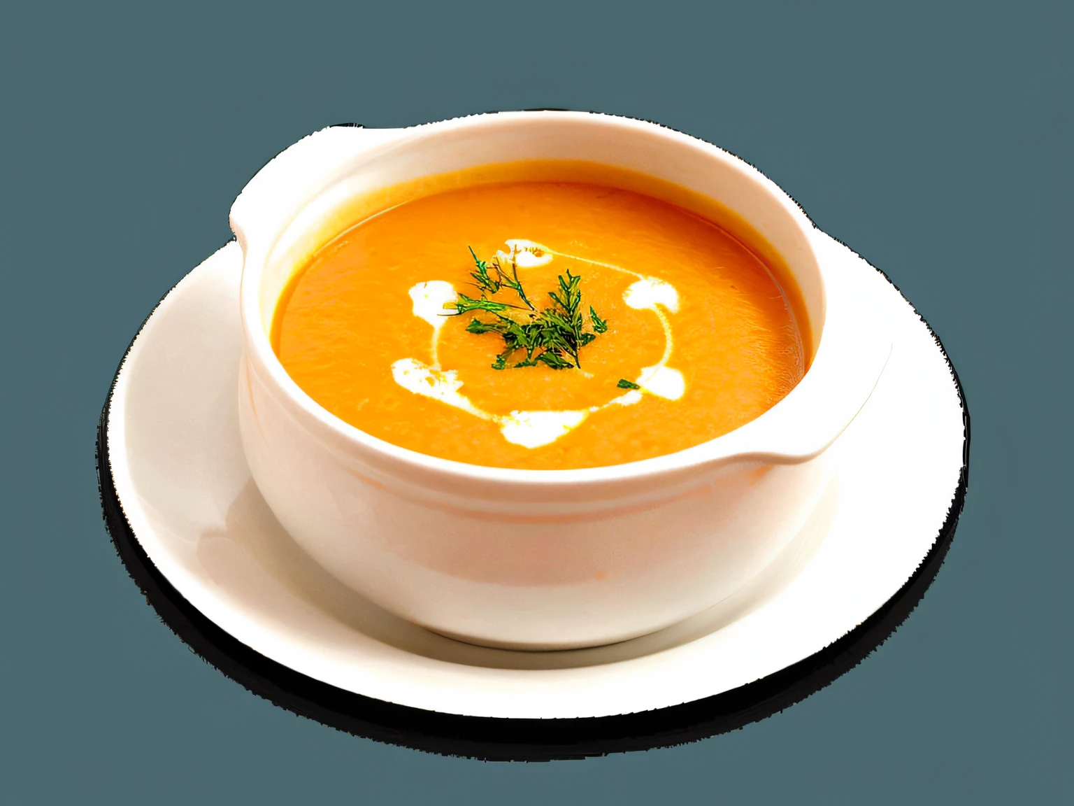 High quality food photography, Creamy Pumpkin Soup, professional food photography, European dining table environment, 清晰的线条, Clear detail, White fashion,Close-up cleavage,Desktop settings,Gourmet product advertising