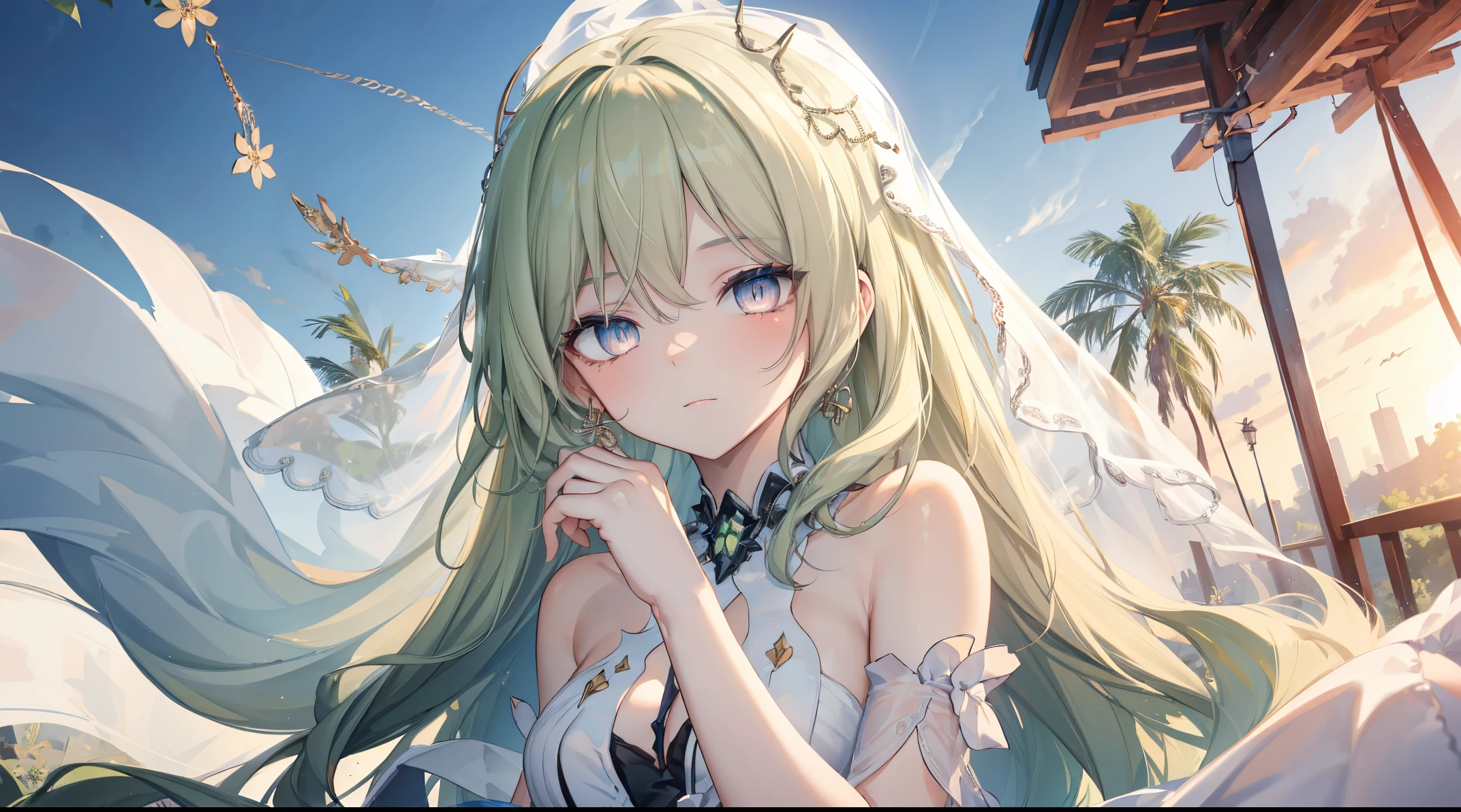 ((4k, masterpiece, top-quality)),8k, best quality, high resolution, HD, (illustration:0.8), (beautiful detailed eyes:1.6), extremely detailed face, perfect lighting, (perfect hands, perfect anatomy), super complex details, intricate details, 1girl, solo, long green hair, long hair, looking at viewer, small breasts, same eye colour, wedding dress, outdoors, bridal veil, long dress, white dress, hoop skirt, clover